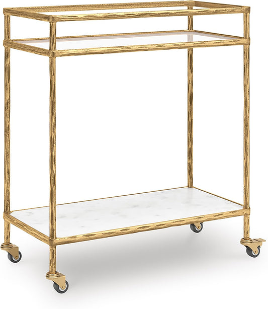 Signature Design by Ashley Plattfield Casual Antiqued 2-Tier Bar Cart with Casters, for Kitchen and Dining Room, Metallic & White