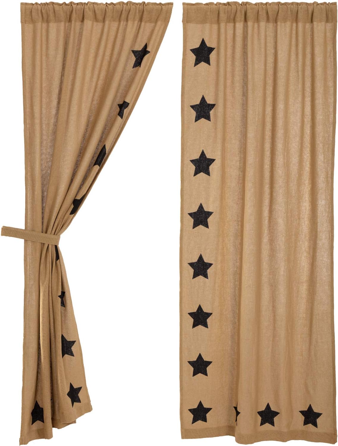 VHC Brands Black Check Scalloped Short Panel Set of 2 63x36 Country Curtains, Black and Tan