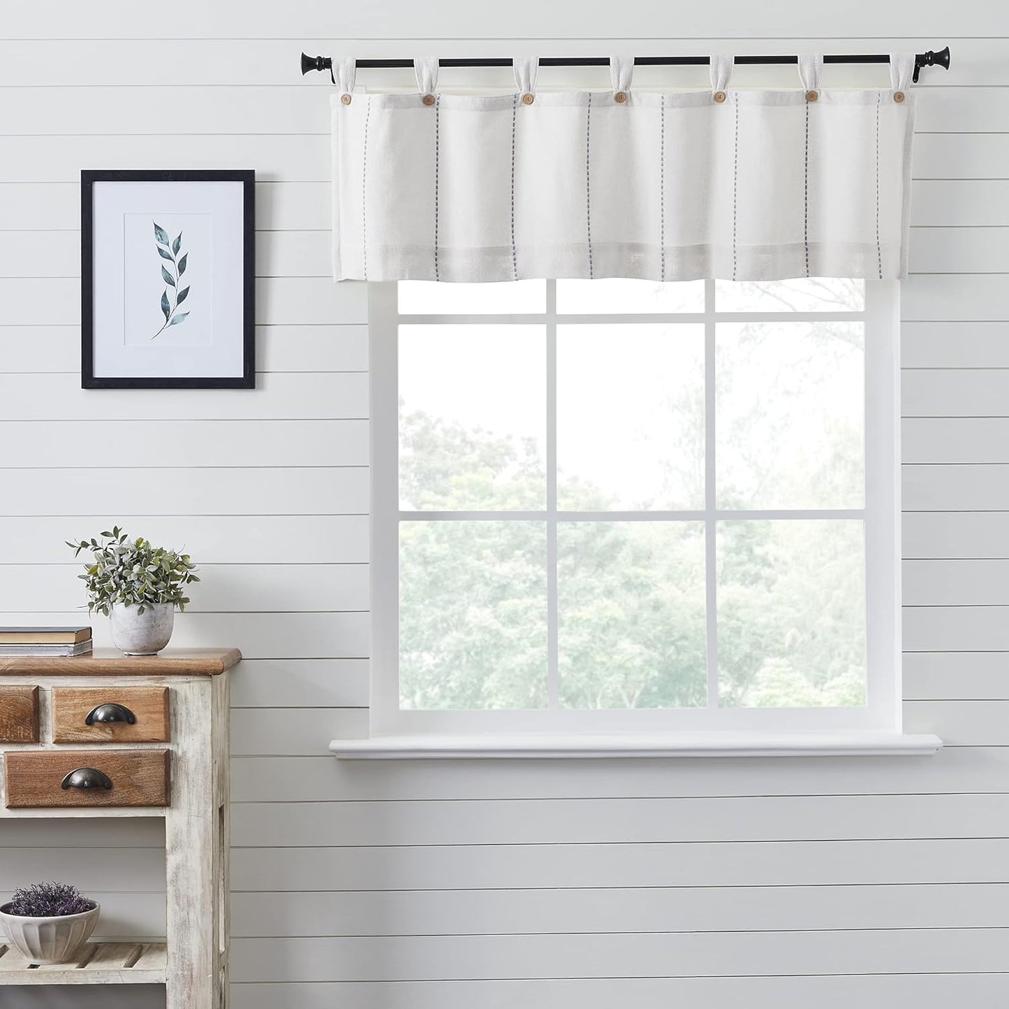 VHC Brands Black Check Scalloped Short Panel Set of 2 63x36 Country Curtains, Black and Tan