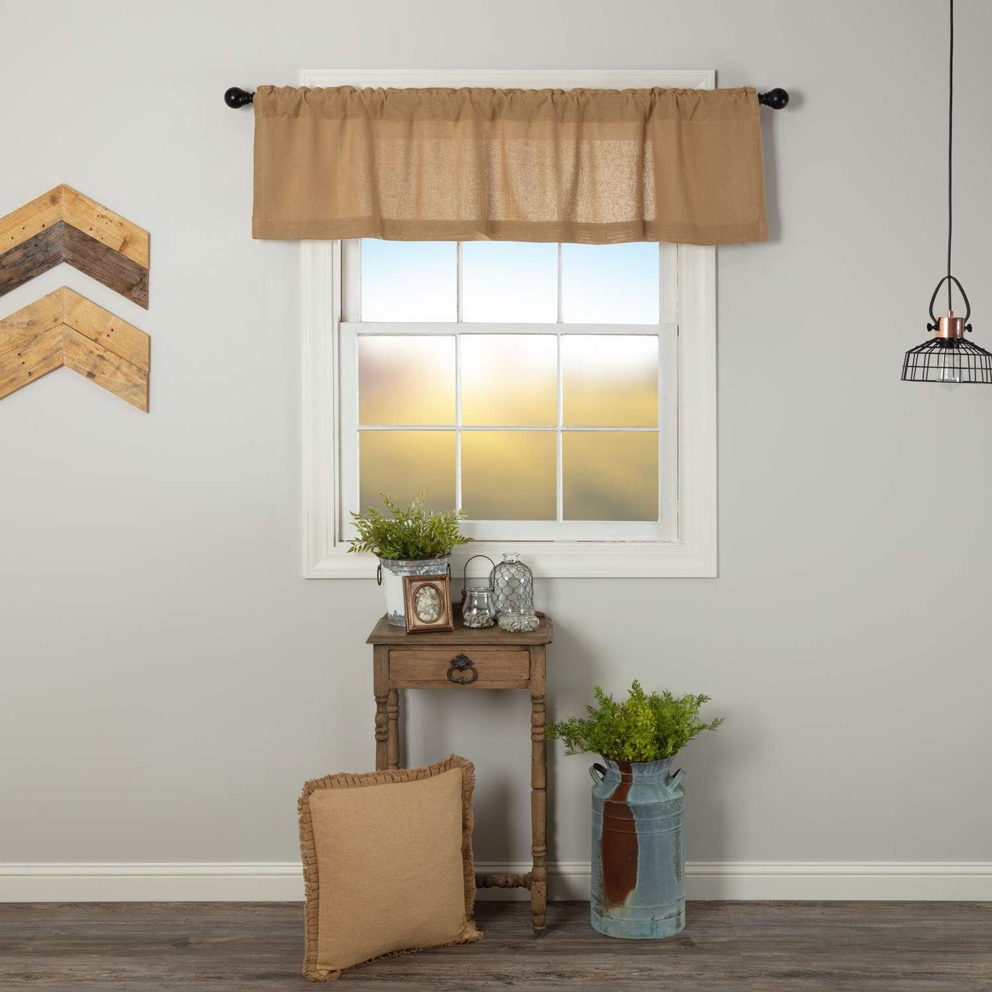 VHC Brands Black Check Scalloped Short Panel Set of 2 63x36 Country Curtains, Black and Tan