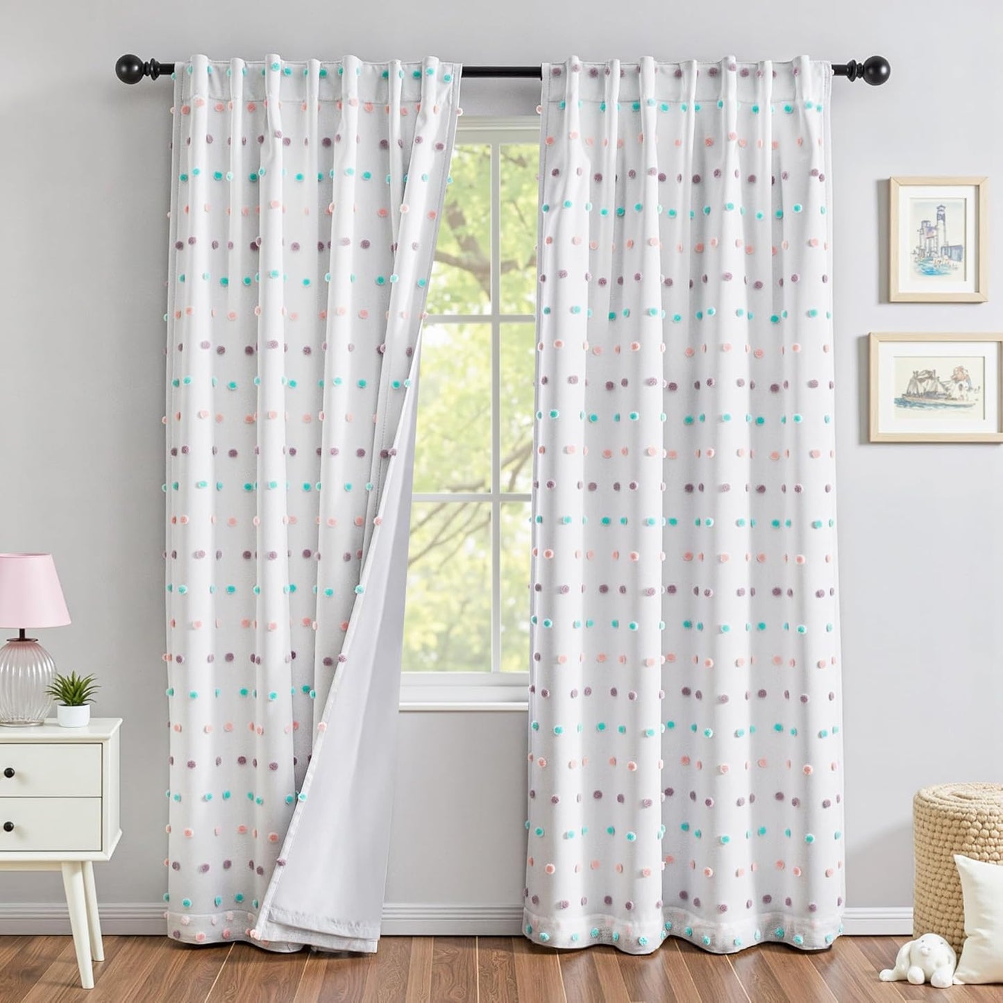 MYSKY HOME 100% Black Out Curtains for Bedroom White Blackout Curtain 63 Inches Long Thermal Insulated 2 Panels Short Kitchen Drapes with White Pom Pom Sheer Room Darkening Back Tab, 52 x 63 in