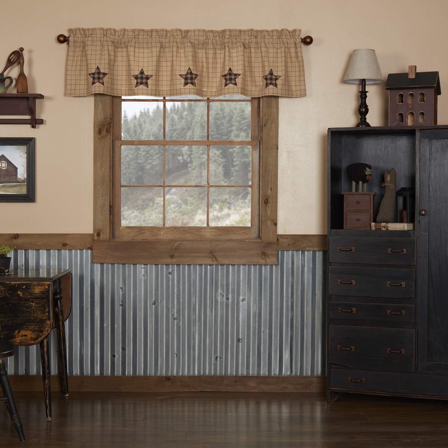 VHC Brands Black Check Scalloped Short Panel Set of 2 63x36 Country Curtains, Black and Tan