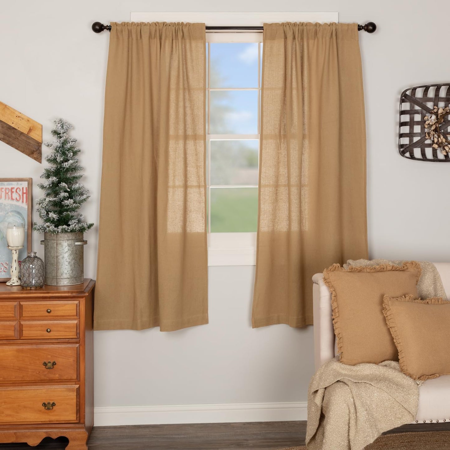 VHC Brands Black Check Scalloped Short Panel Set of 2 63x36 Country Curtains, Black and Tan