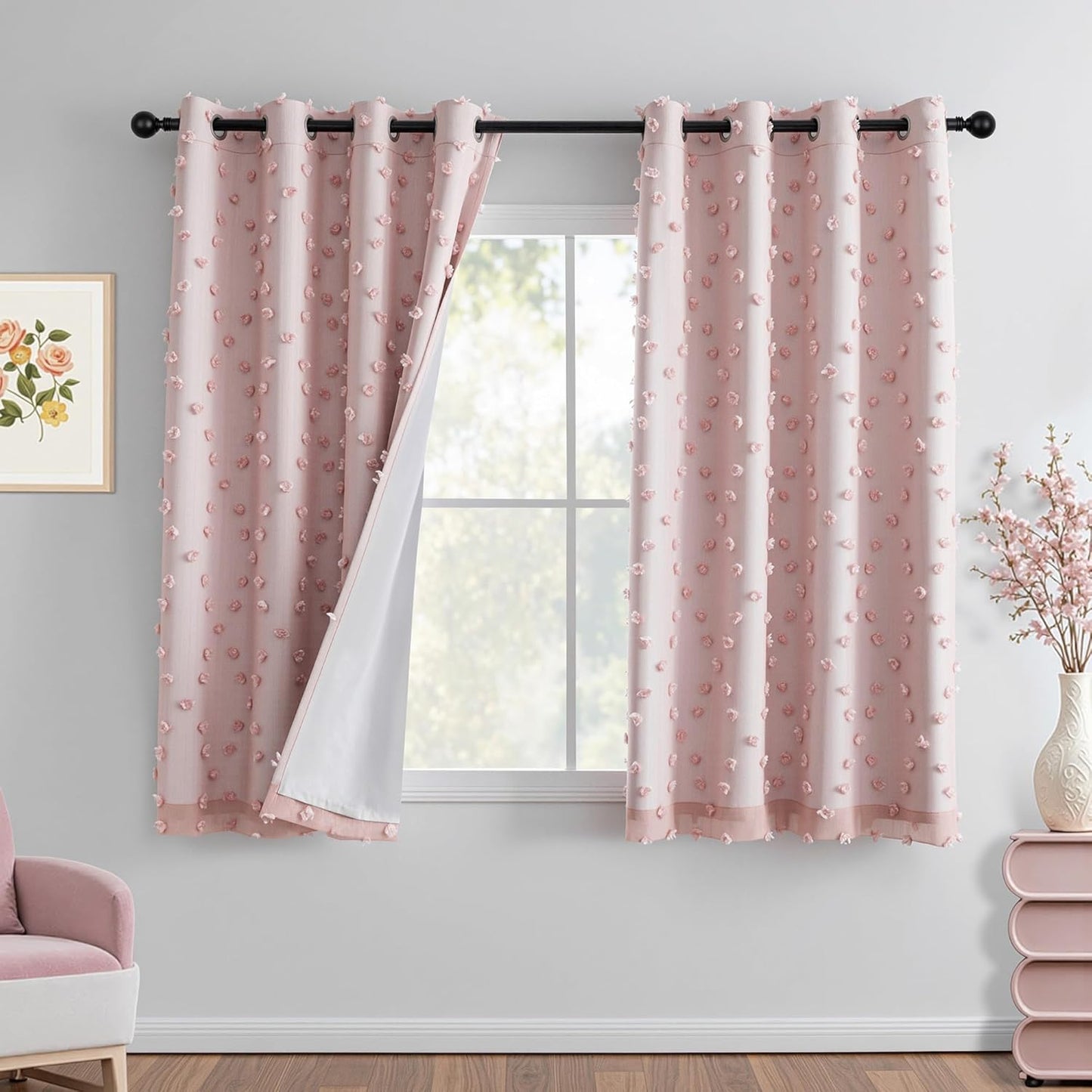 MYSKY HOME 100% Blackout Curtains for Nursery Thermal Insulated Pink Pom Pom Curtains 72 Inch Length for Girls Bedroom 2 Panels Grommet White Sheer Curtains for Kitchen Dining Room Door, 52W x 72L