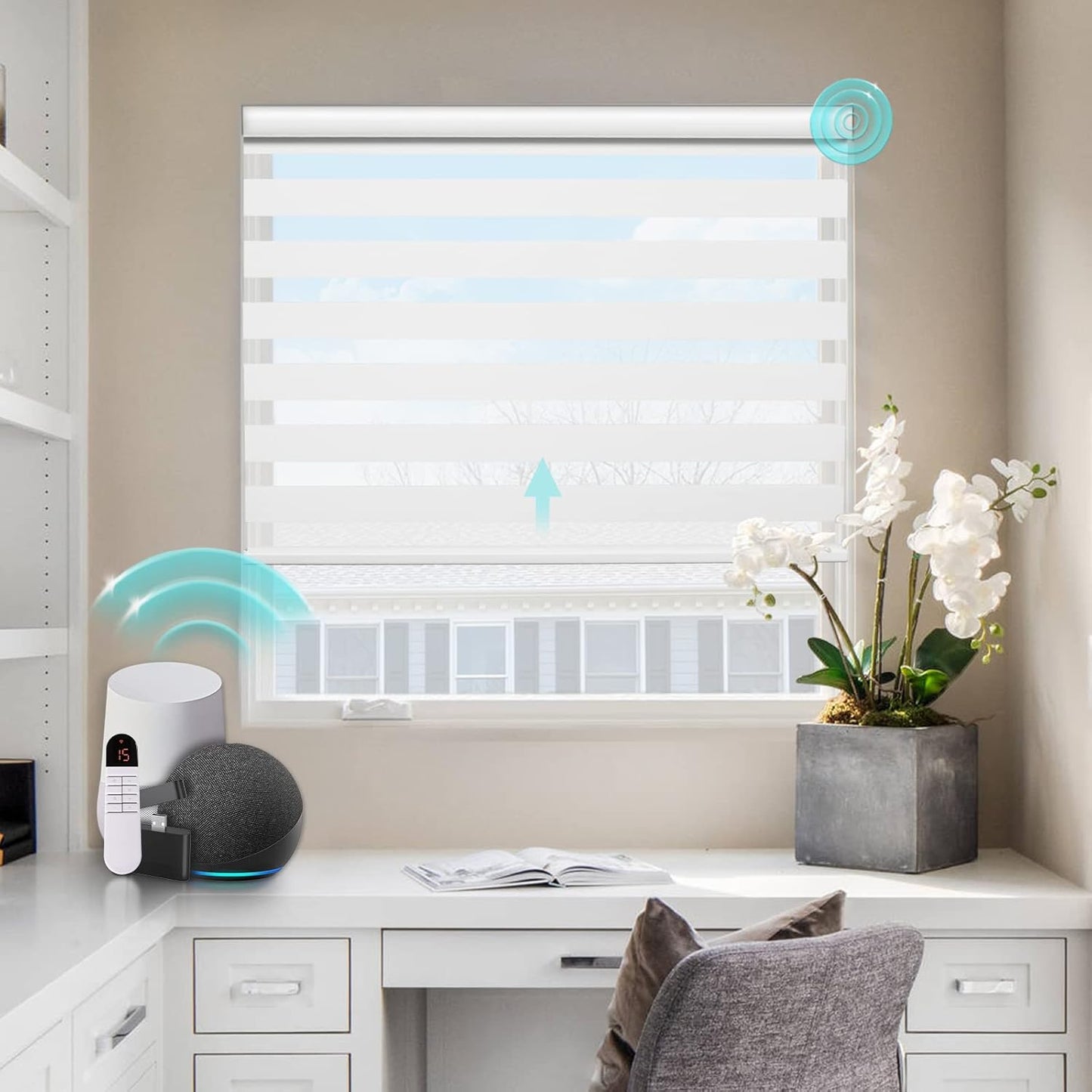 Motorized Zebra Blinds with remorte, 70% Blackout Smart Blinds Custom Size Electric Zebra Shades Compatible with Alexa/Google,White, 34''Wx72''H