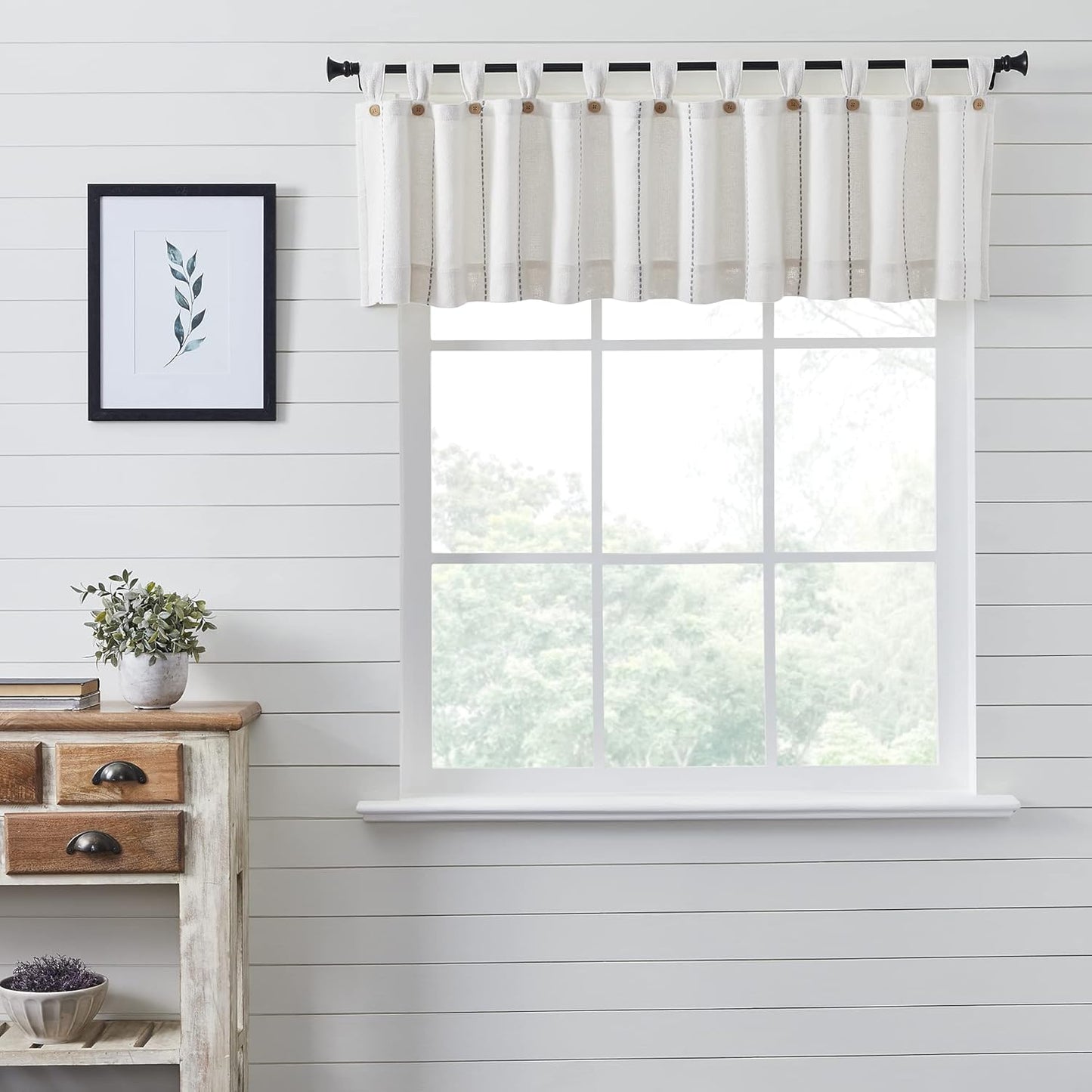 VHC Brands Black Check Scalloped Short Panel Set of 2 63x36 Country Curtains, Black and Tan