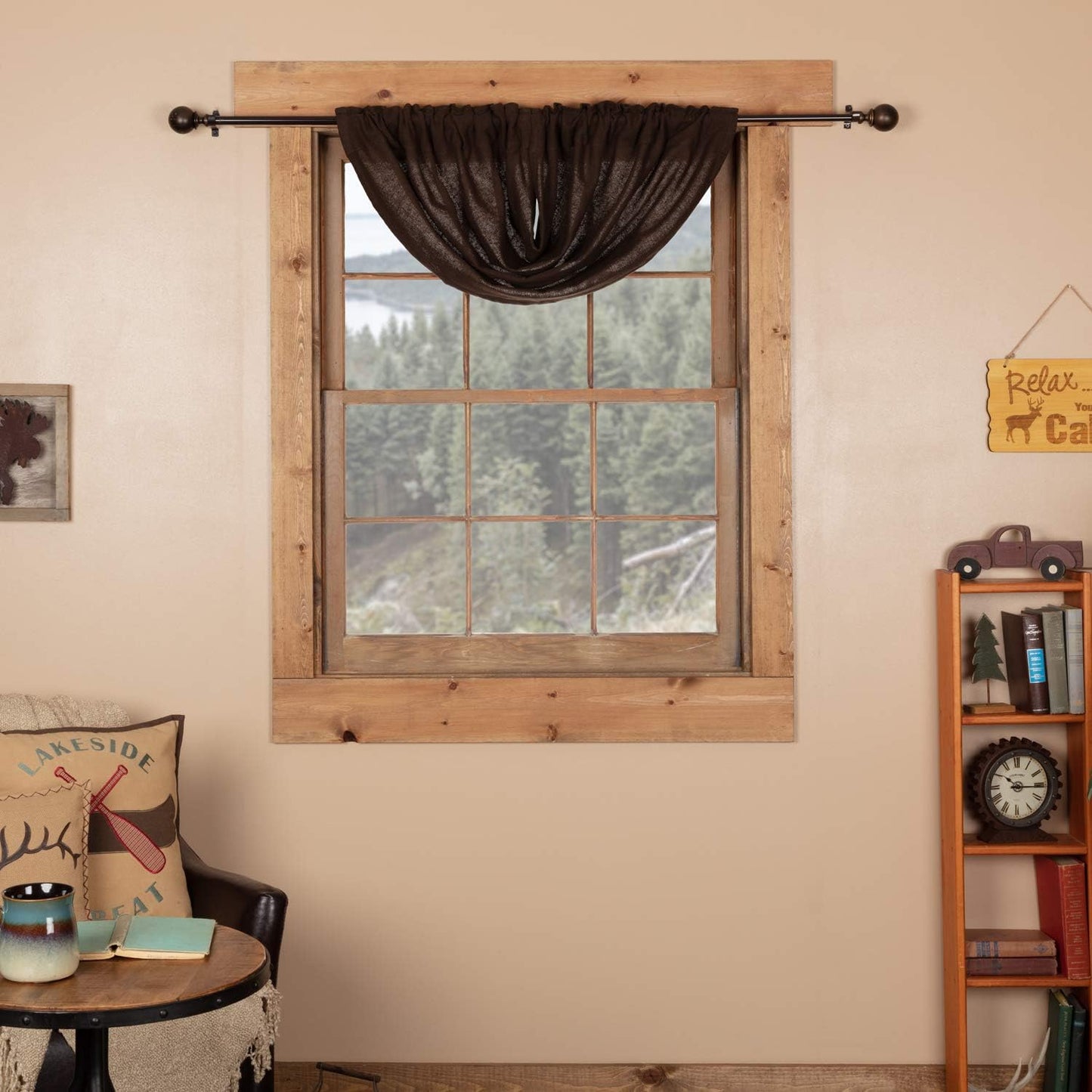 VHC Brands Black Check Scalloped Short Panel Set of 2 63x36 Country Curtains, Black and Tan
