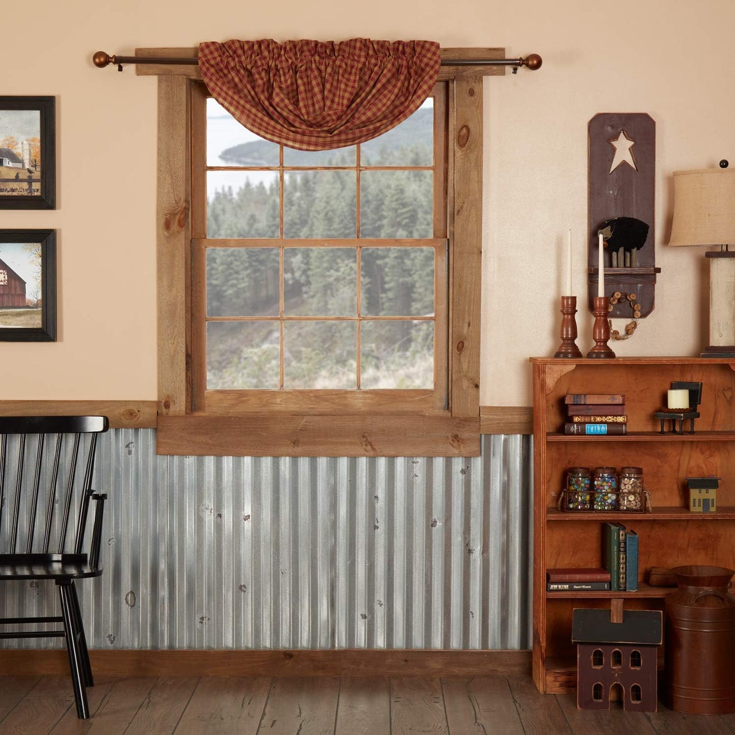 VHC Brands Black Check Scalloped Short Panel Set of 2 63x36 Country Curtains, Black and Tan