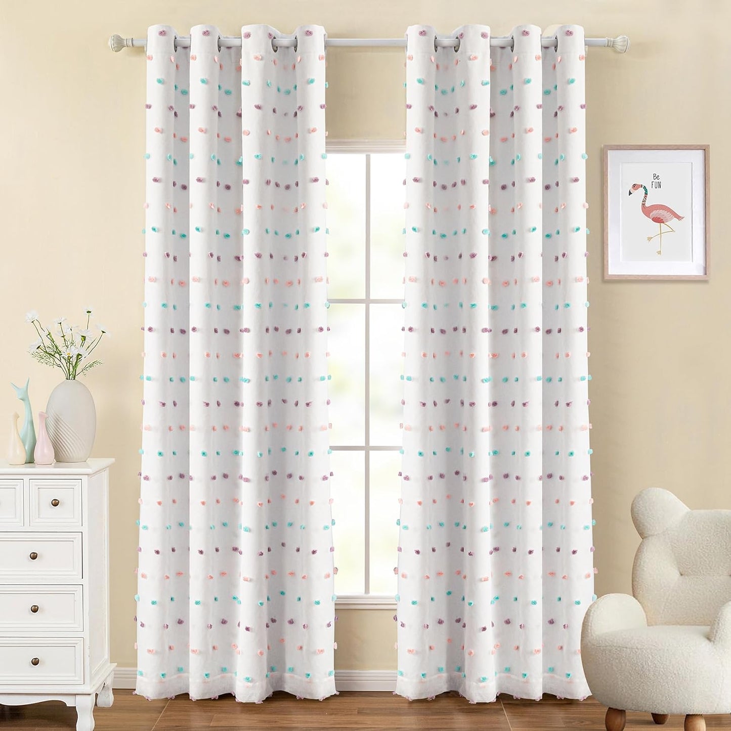 MYSKY HOME 100% Blackout Curtains for Nursery Thermal Insulated Pink Pom Pom Curtains 72 Inch Length for Girls Bedroom 2 Panels Grommet White Sheer Curtains for Kitchen Dining Room Door, 52W x 72L