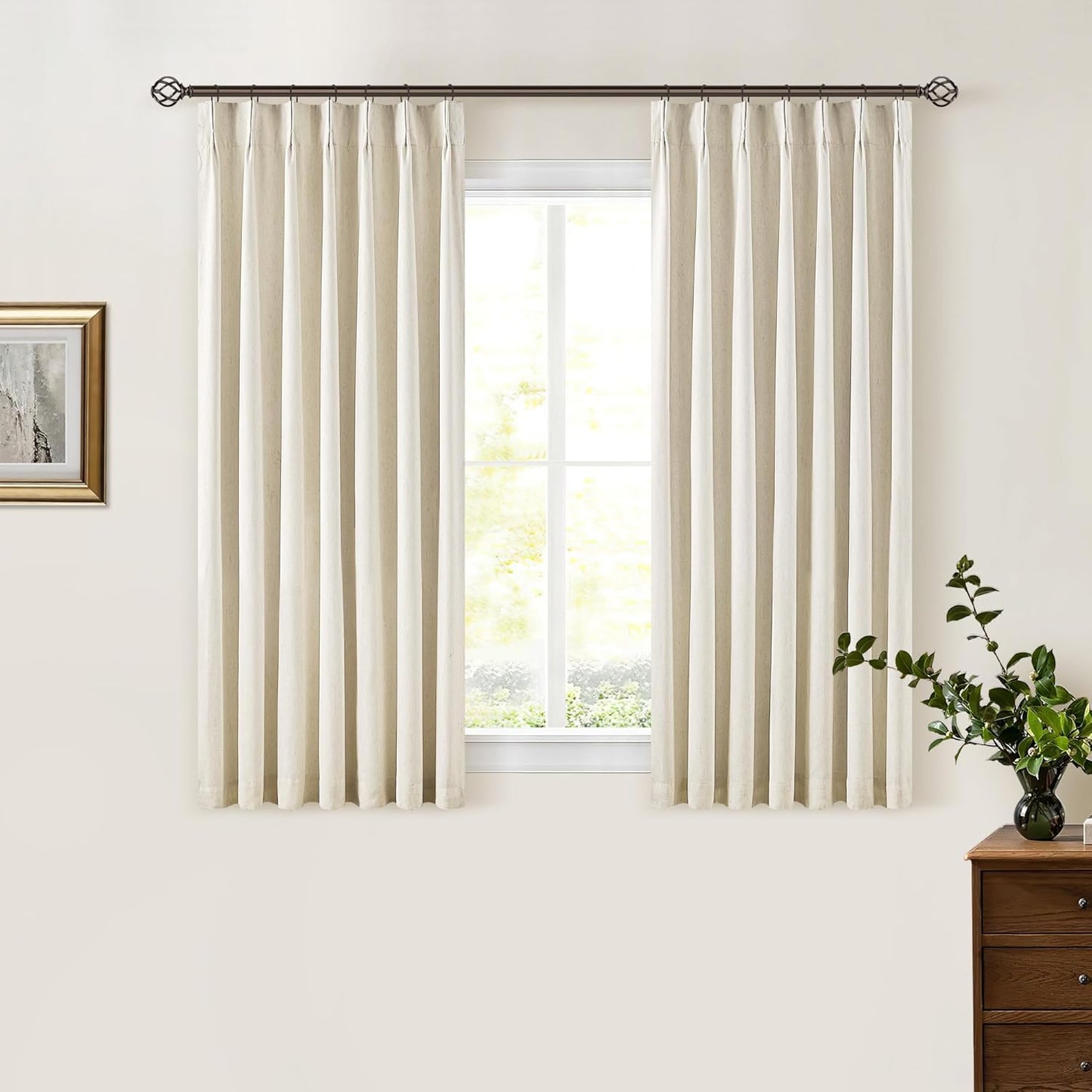 Beige Blackout Cafe Curtains 45 Inch Length 2 Panel Set Pinch Pleated Back Tab Linen Blend Black Out Short Curtains Boho Farmhouse Thermal Insulated Small Window Drapes for Bathroom Kitchen RV