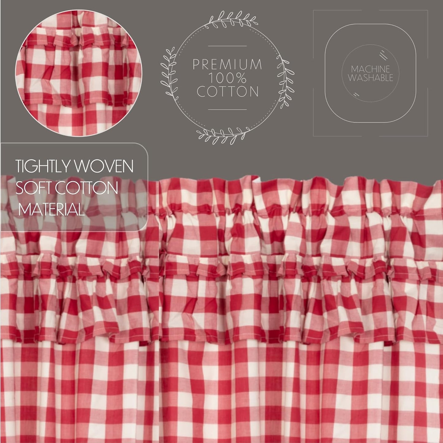 VHC Brands Annie Buffalo Check Cotton Farmhouse Kitchen Curtains Rod Pocket Hanging Loops Ruffling 36x36 Tier Pair, Red Country
