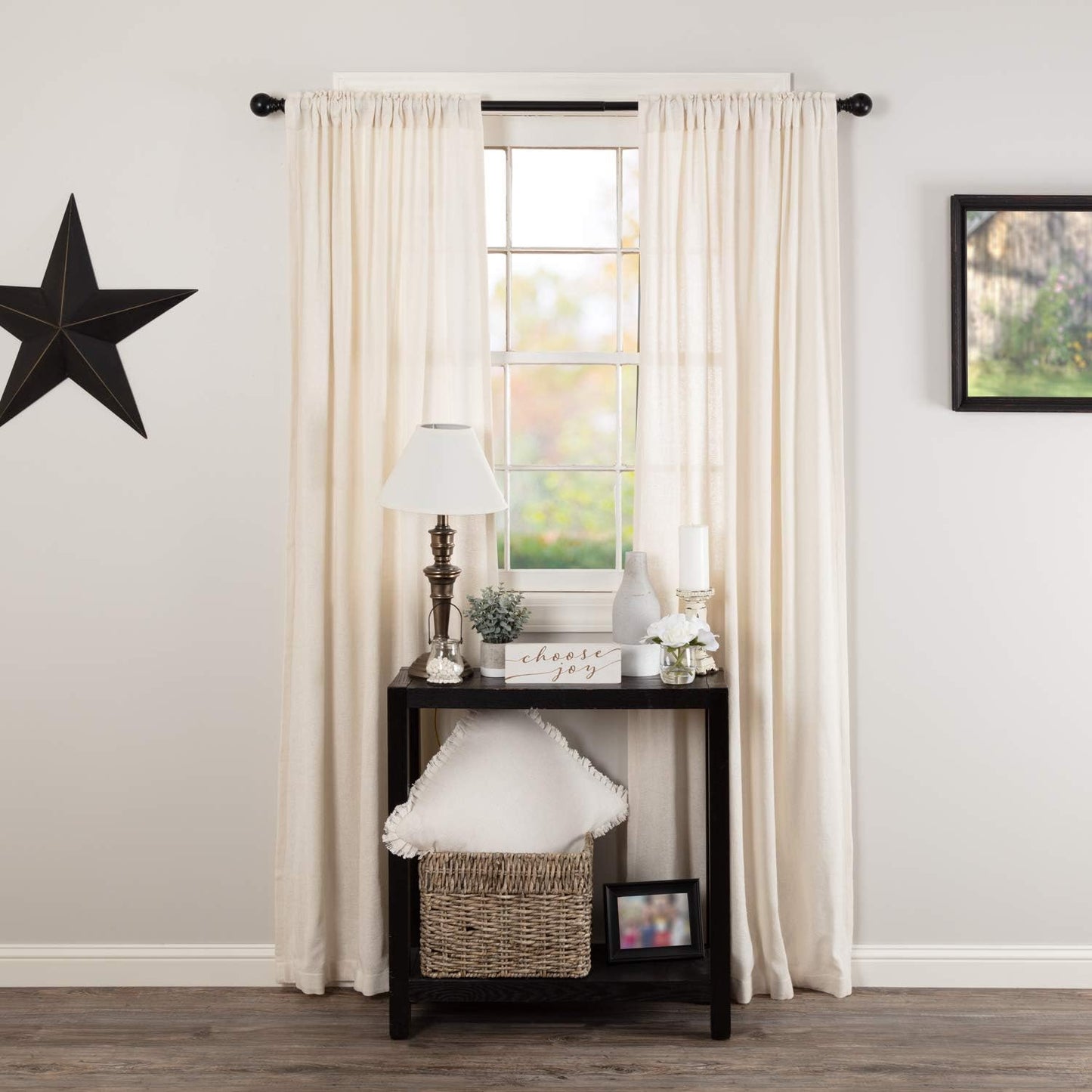 VHC Brands Black Check Scalloped Short Panel Set of 2 63x36 Country Curtains, Black and Tan