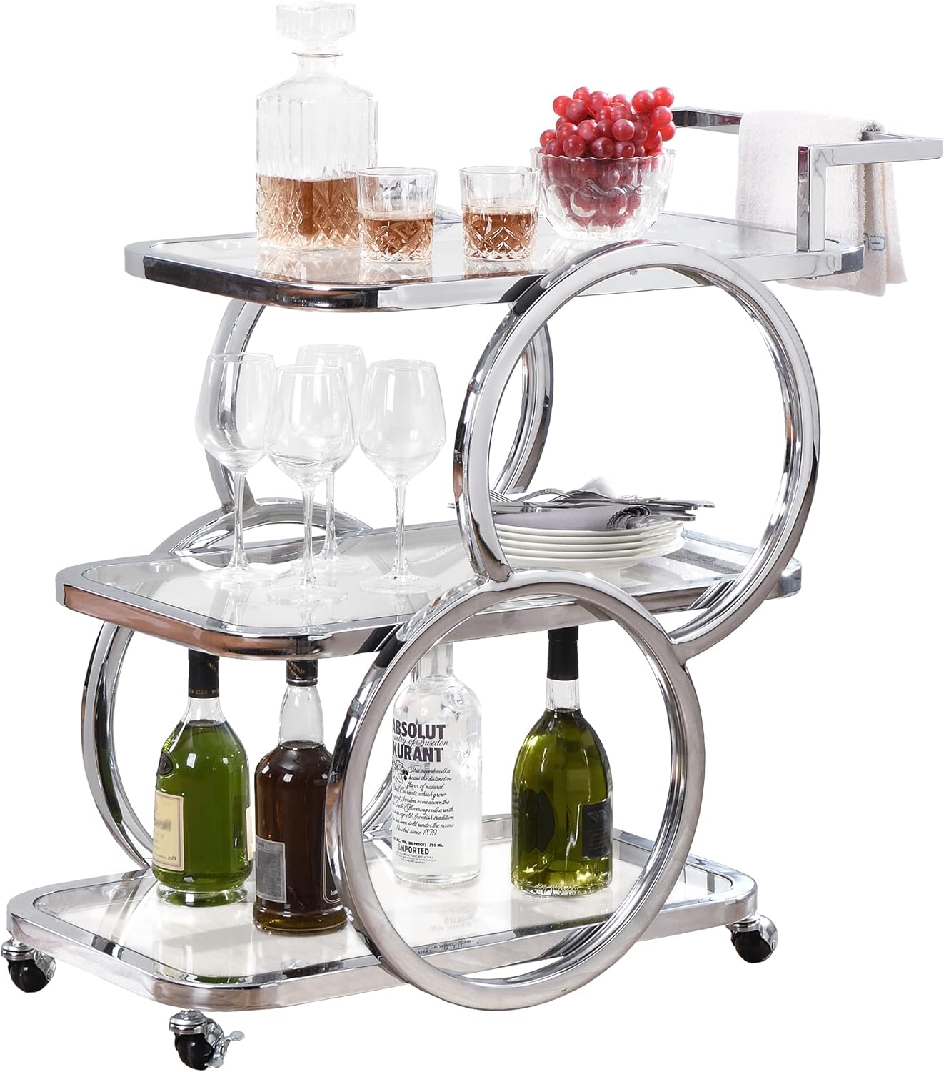 Home Bar Serving Carts 3 Tier Kitchen Carts on Wheels Mobile Bar Carts for Home Kitchen Dining Room Living Room Party, Chrome