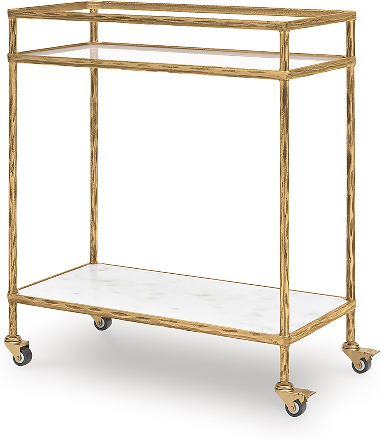 Signature Design by Ashley Plattfield Casual Antiqued 2-Tier Bar Cart with Casters, for Kitchen and Dining Room, Metallic & White