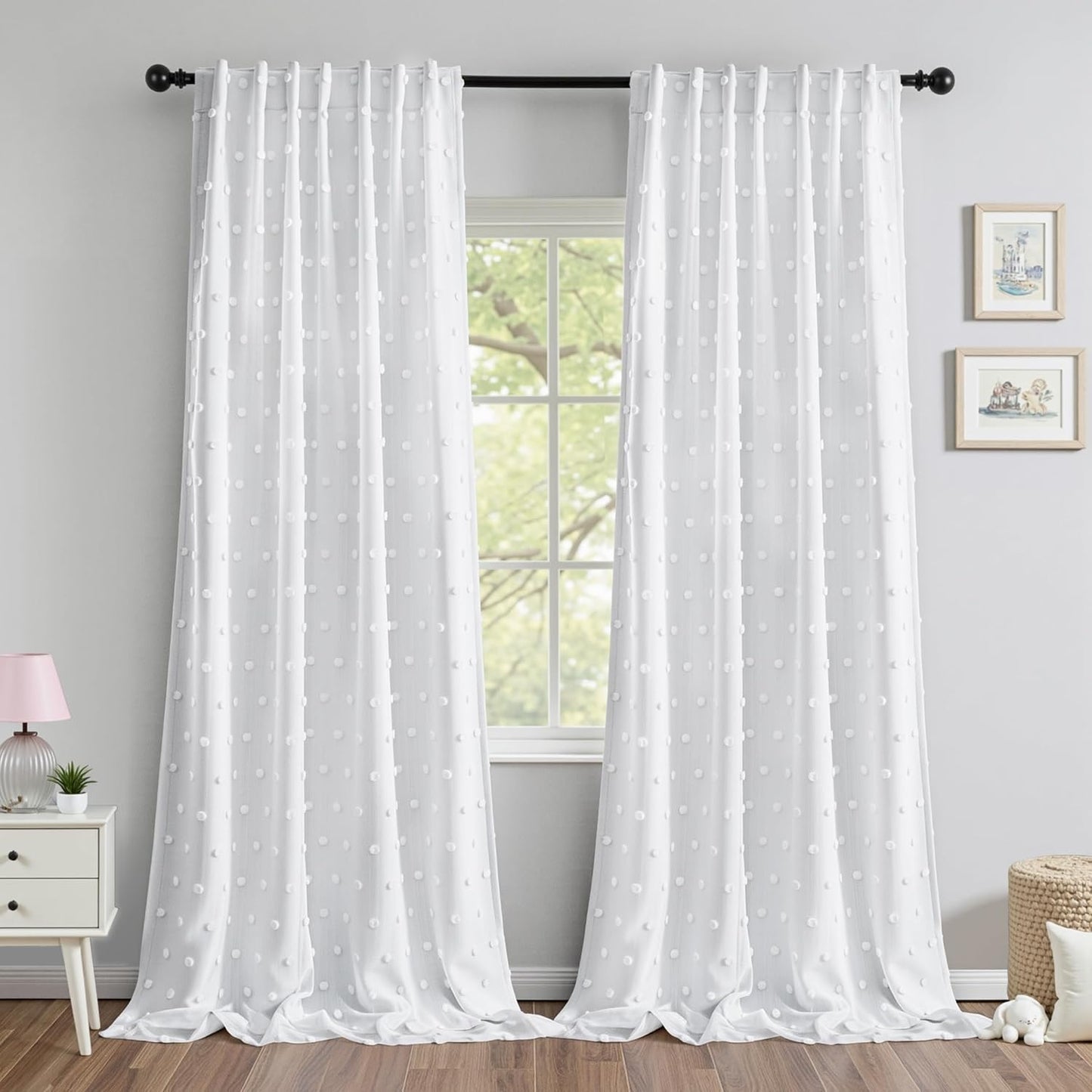 MYSKY HOME 100% Black Out Curtains for Bedroom White Blackout Curtain 63 Inches Long Thermal Insulated 2 Panels Short Kitchen Drapes with White Pom Pom Sheer Room Darkening Back Tab, 52 x 63 in