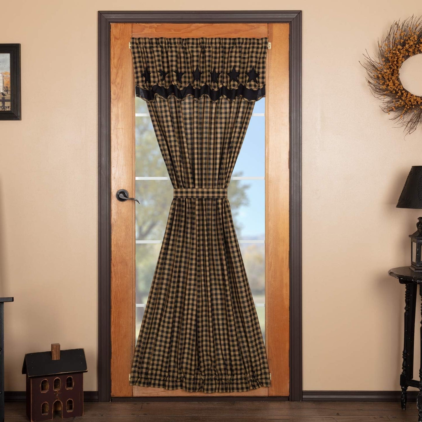 VHC Brands Black Check Scalloped Short Panel Set of 2 63x36 Country Curtains, Black and Tan