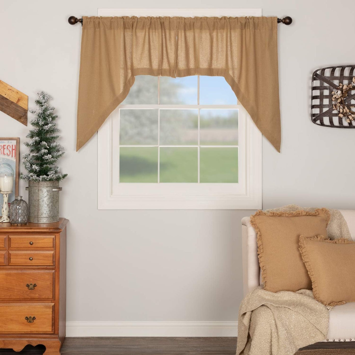 VHC Brands Black Check Scalloped Short Panel Set of 2 63x36 Country Curtains, Black and Tan