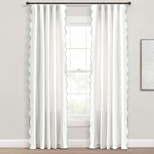 Lush Decor Coastal Chic Scalloped Edge Light Filtering Window Curtain Panels Pair, 52" W x 84" L, Blue & White - White Curtains for Living Room - Coastal Decor