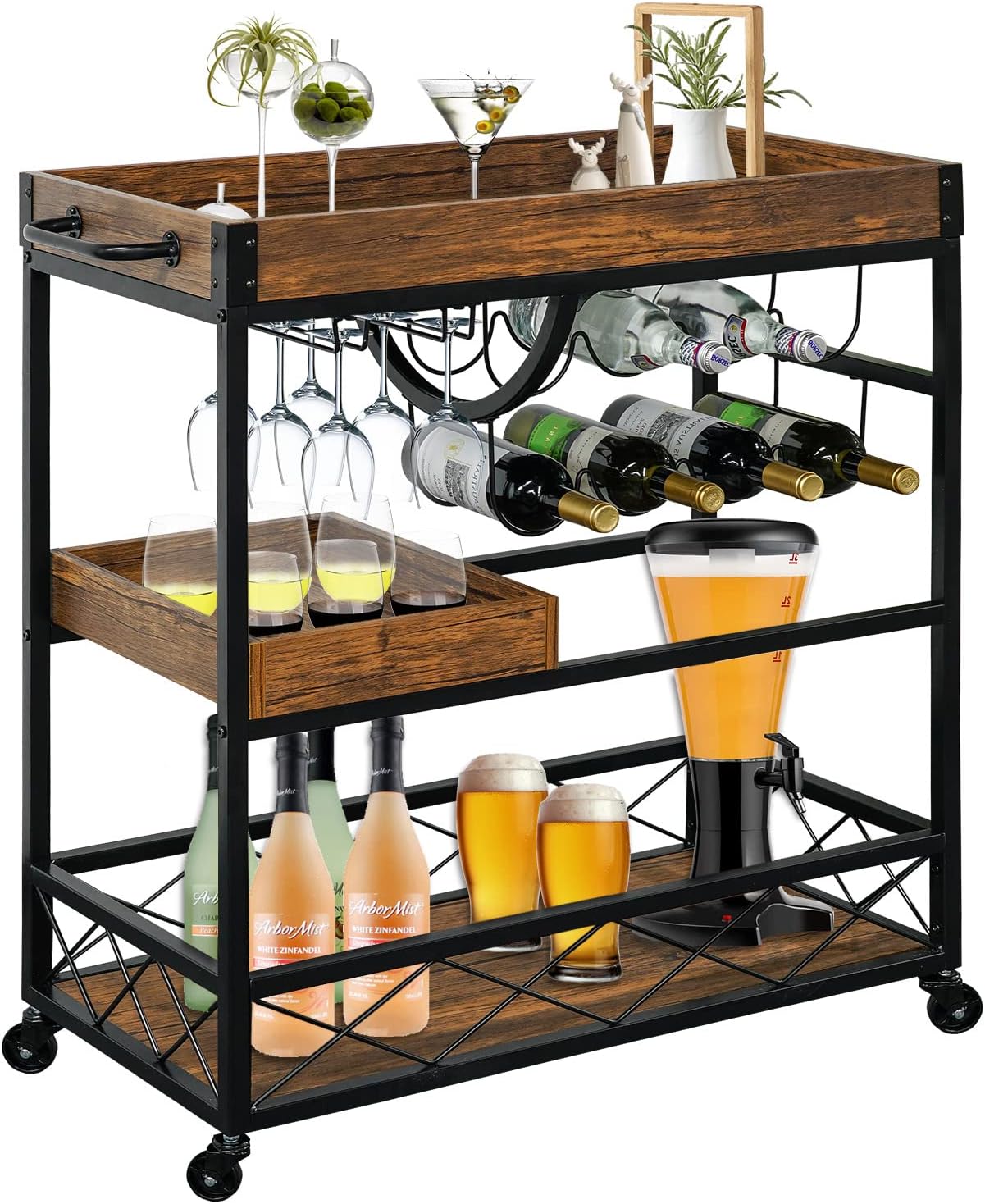 Bar Cart Industrial Kitchen Serving Carts for Home 3 Tier Storage Trolley with Wine Rack Glasses Holder Two Portable Trays Universal Casters with Brakes Rustic Rolling Cart Alcoholic Beverage