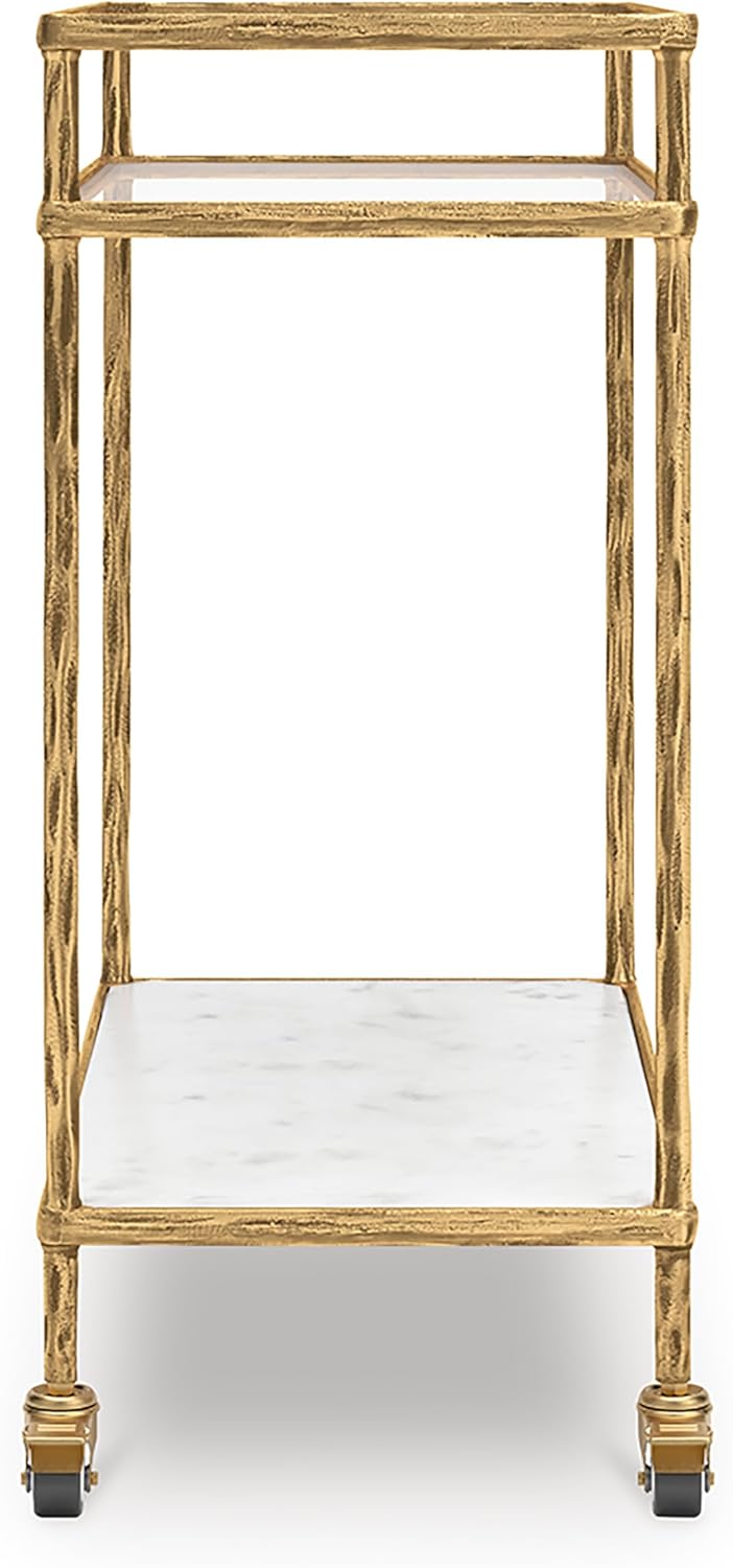 Signature Design by Ashley Plattfield Casual Antiqued 2-Tier Bar Cart with Casters, for Kitchen and Dining Room, Metallic & White