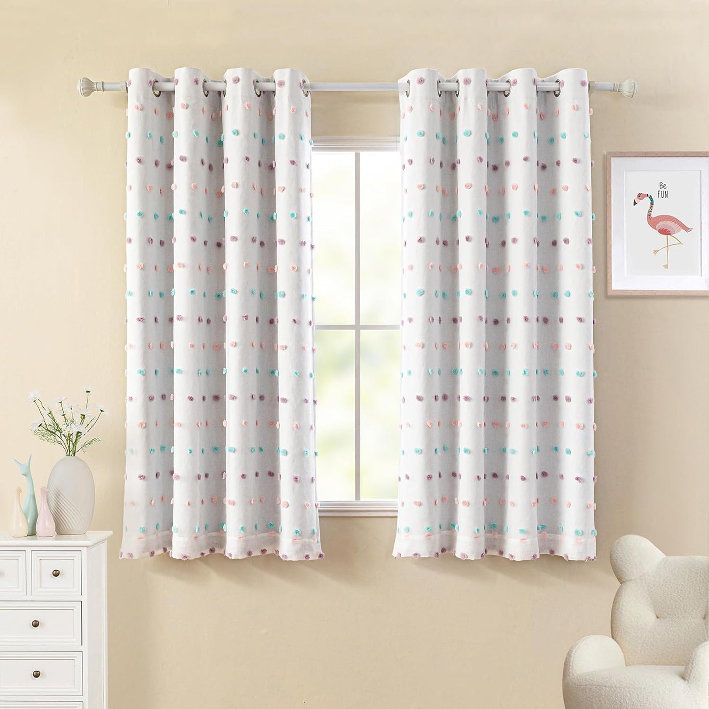 MYSKY HOME 100% Blackout Curtains for Nursery Thermal Insulated Pink Pom Pom Curtains 72 Inch Length for Girls Bedroom 2 Panels Grommet White Sheer Curtains for Kitchen Dining Room Door, 52W x 72L