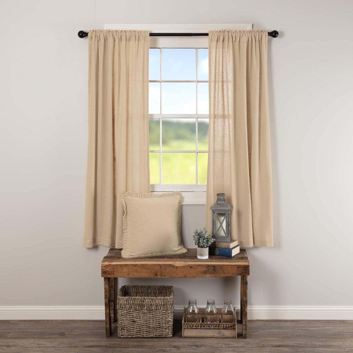 VHC Brands Black Check Scalloped Short Panel Set of 2 63x36 Country Curtains, Black and Tan