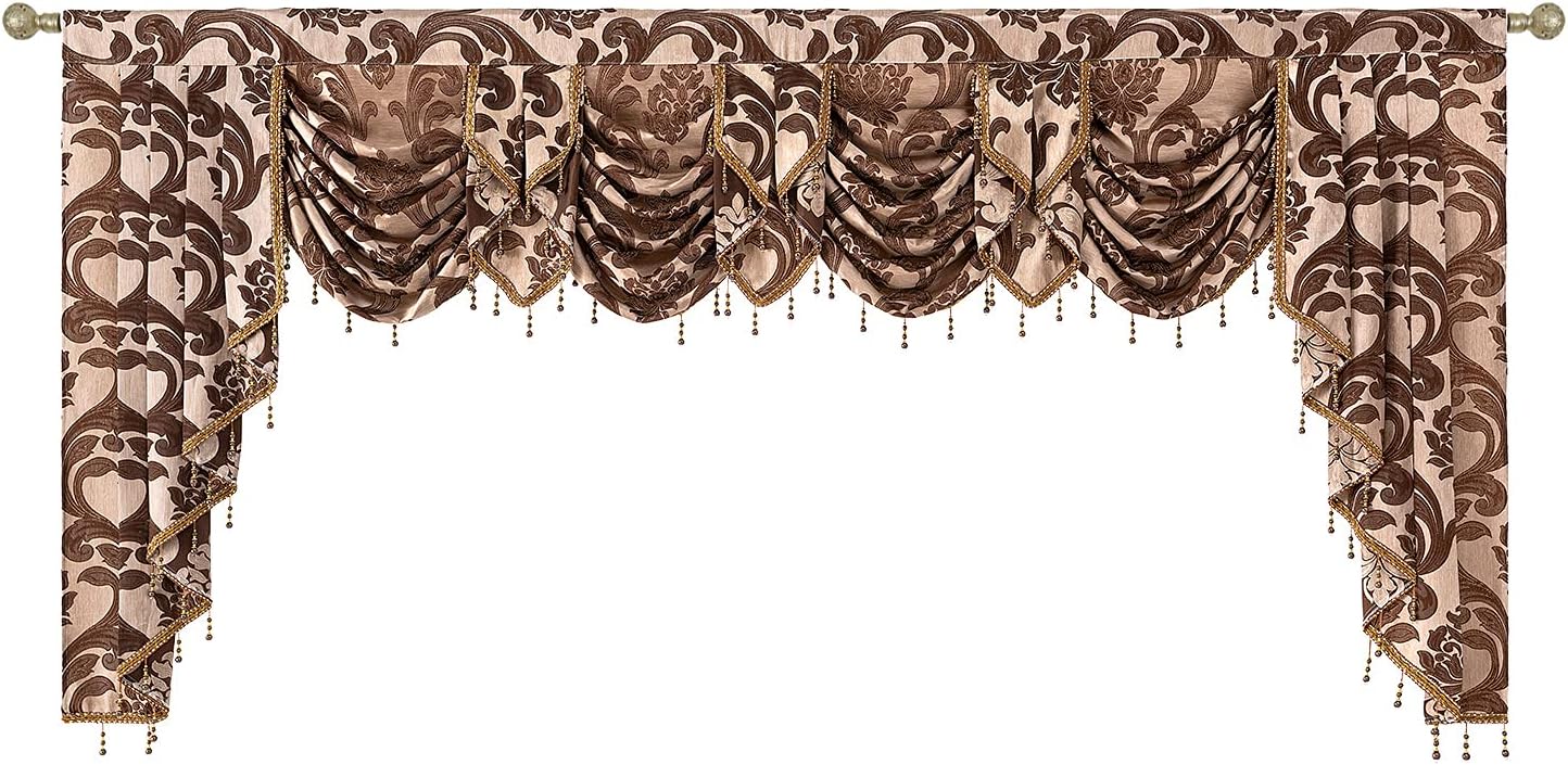 NAPEARL Jabot Curtains Valances and Swags-European Style Kitchen Window Valance, Luxury Jacquard Waterfall Valance Curtains for Living Room (1 Black Valance, 81-Inch Wide)