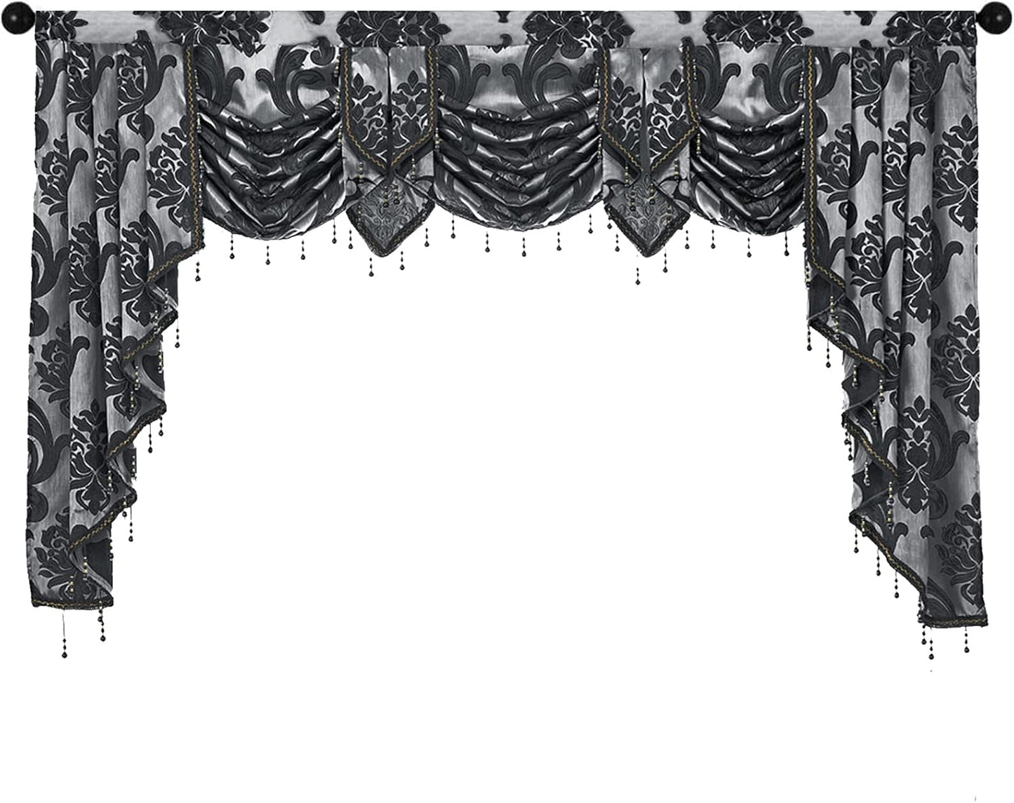 NAPEARL Jabot Curtains Valances and Swags-European Style Kitchen Window Valance, Luxury Jacquard Waterfall Valance Curtains for Living Room (1 Black Valance, 81-Inch Wide)
