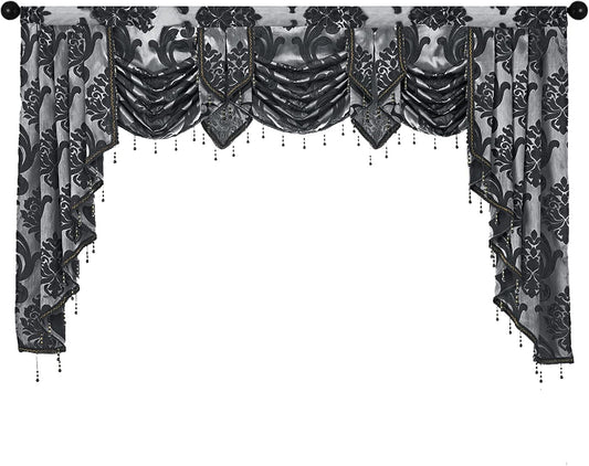 NAPEARL Jabot Curtains Valances and Swags-European Style Kitchen Window Valance, Luxury Jacquard Waterfall Valance Curtains for Living Room (1 Black Valance, 81-Inch Wide)