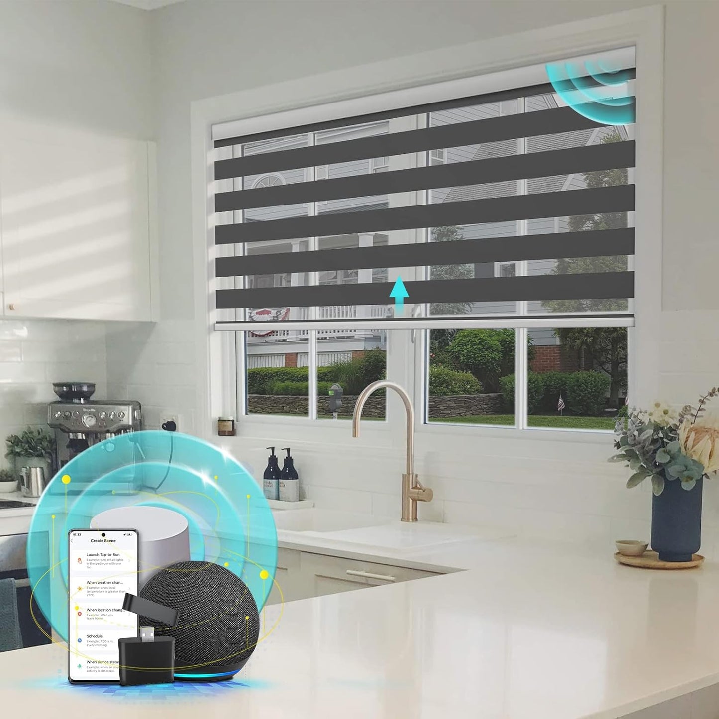 Motorized Zebra Blinds with remorte, 70% Blackout Smart Blinds Custom Size Electric Zebra Shades Compatible with Alexa/Google,White, 34''Wx72''H