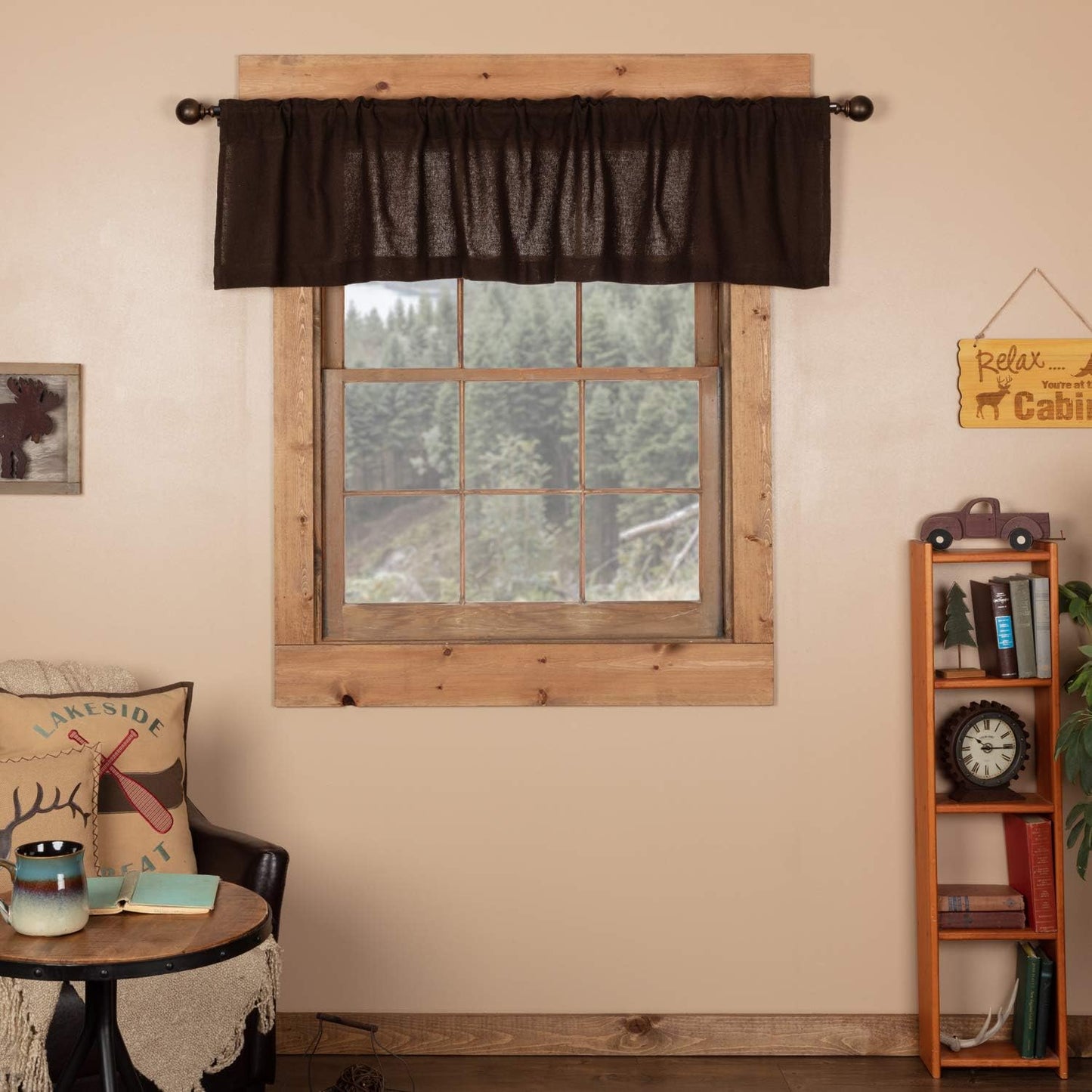 VHC Brands Black Check Scalloped Short Panel Set of 2 63x36 Country Curtains, Black and Tan