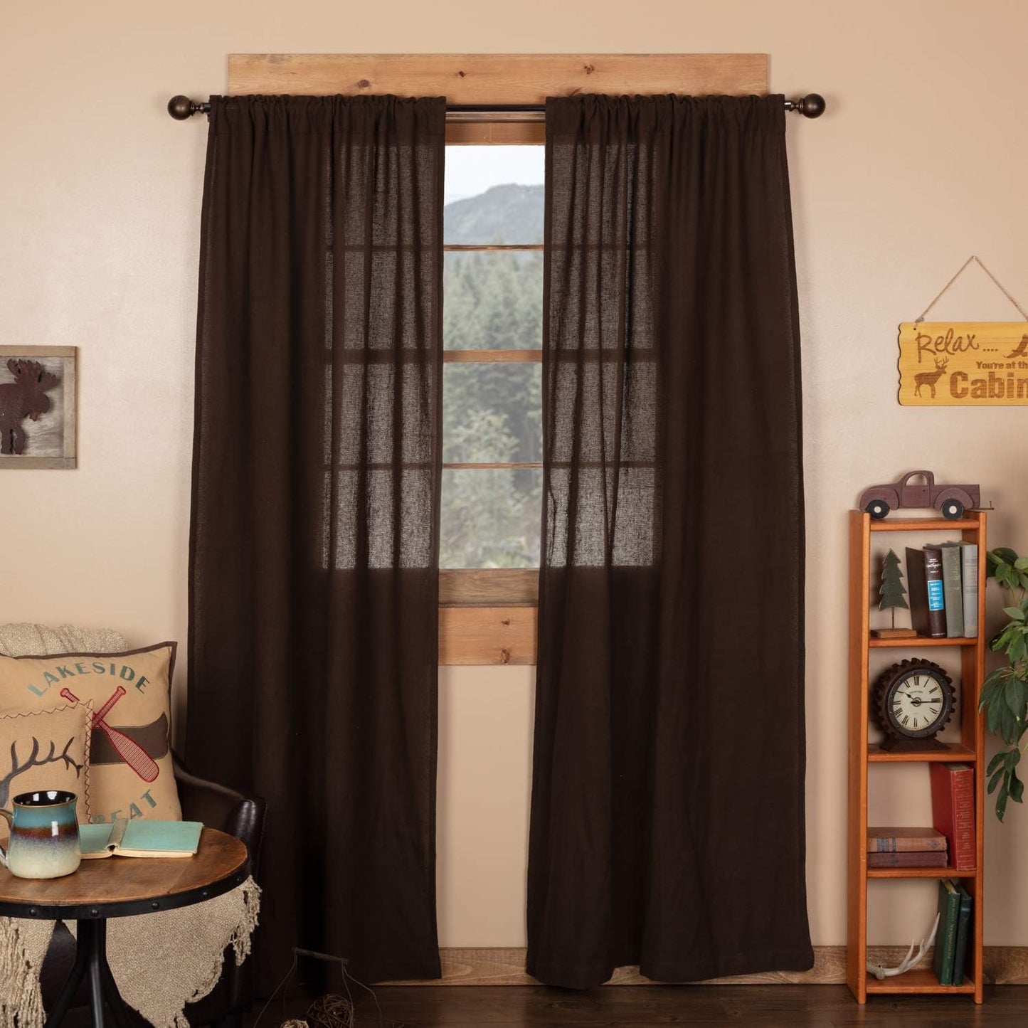 VHC Brands Black Check Scalloped Short Panel Set of 2 63x36 Country Curtains, Black and Tan