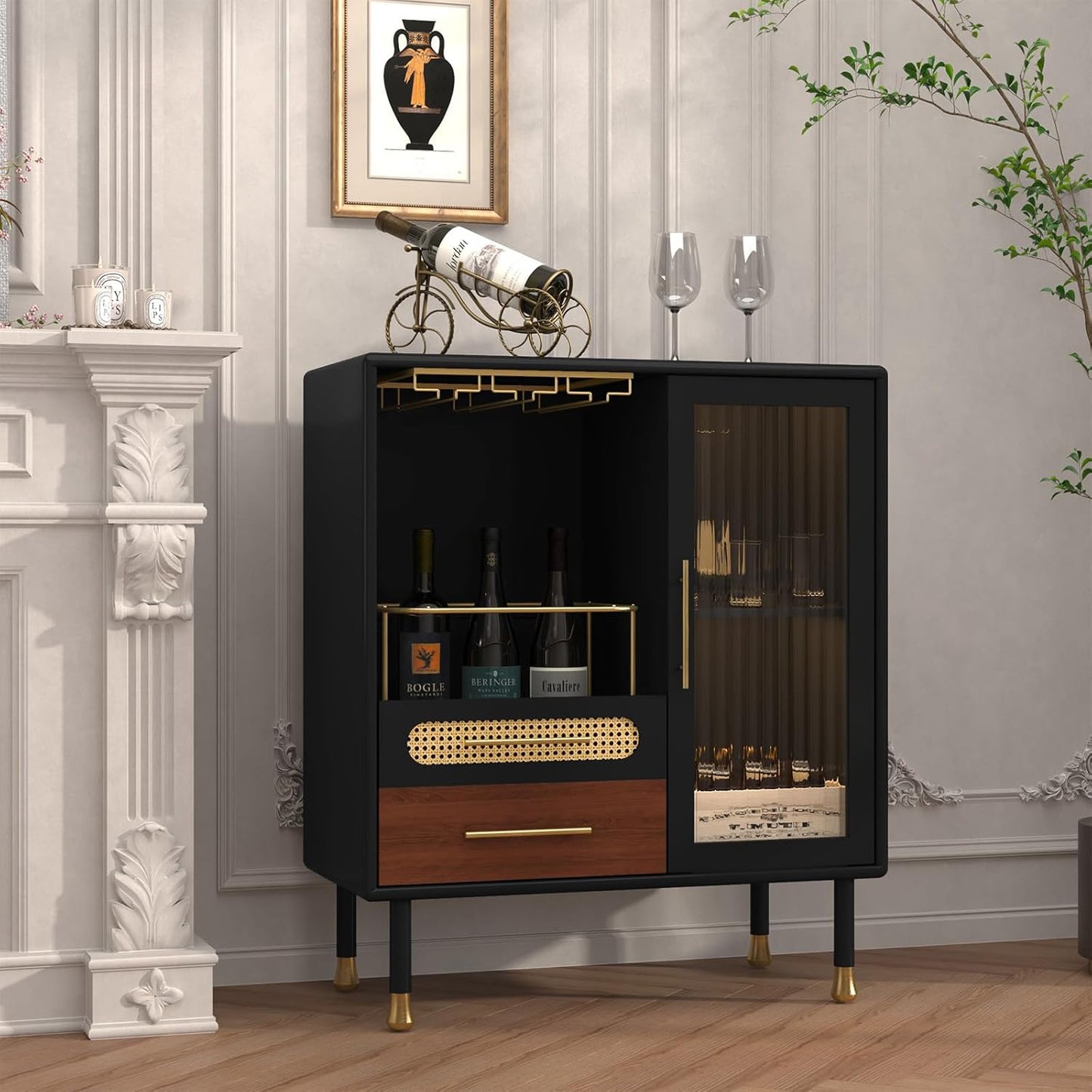 ARTPOWER Modern Coffee Bar Cabinet with Wine Glass Rack and Drawers, Black Liquor Cabinet with Pull-Out Wine Storage for Kitchen, Dining Room, Living Room