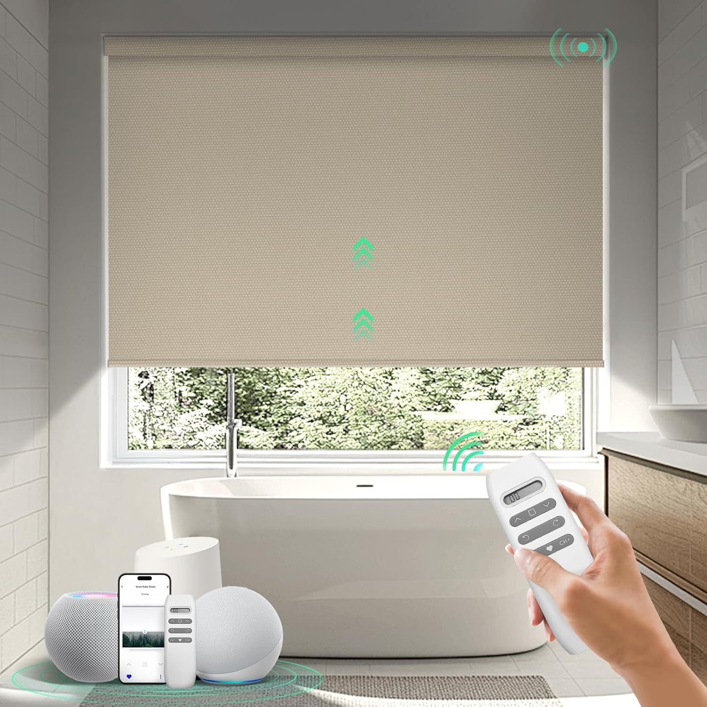 Motorized Blinds with Remote, 100% Blackout Smart Blinds, Automatic Shades for Windows, Electric Window Coverings, Compatible with Alexa Google and Homekit (Light Chaser-Perla Bianca BO)