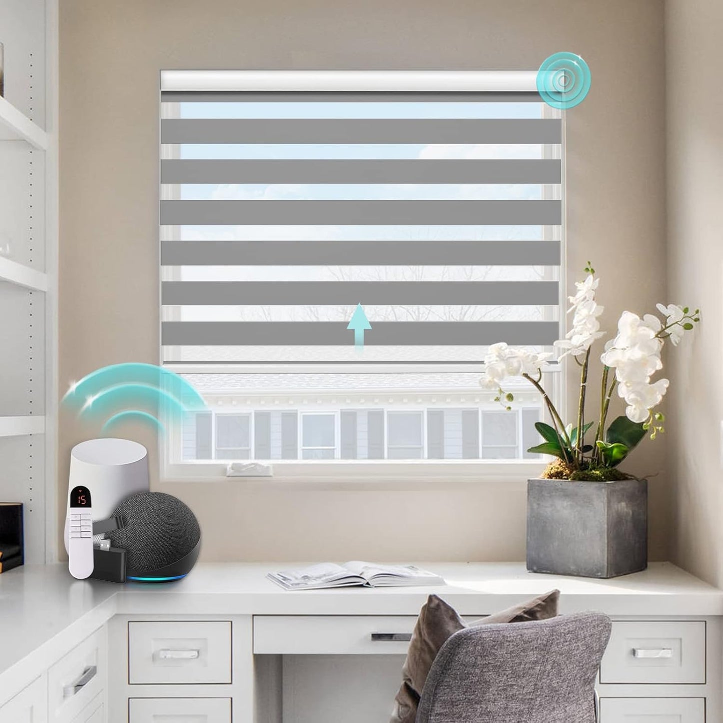 Motorized Zebra Blinds with remorte, 70% Blackout Smart Blinds Custom Size Electric Zebra Shades Compatible with Alexa/Google,White, 34''Wx72''H