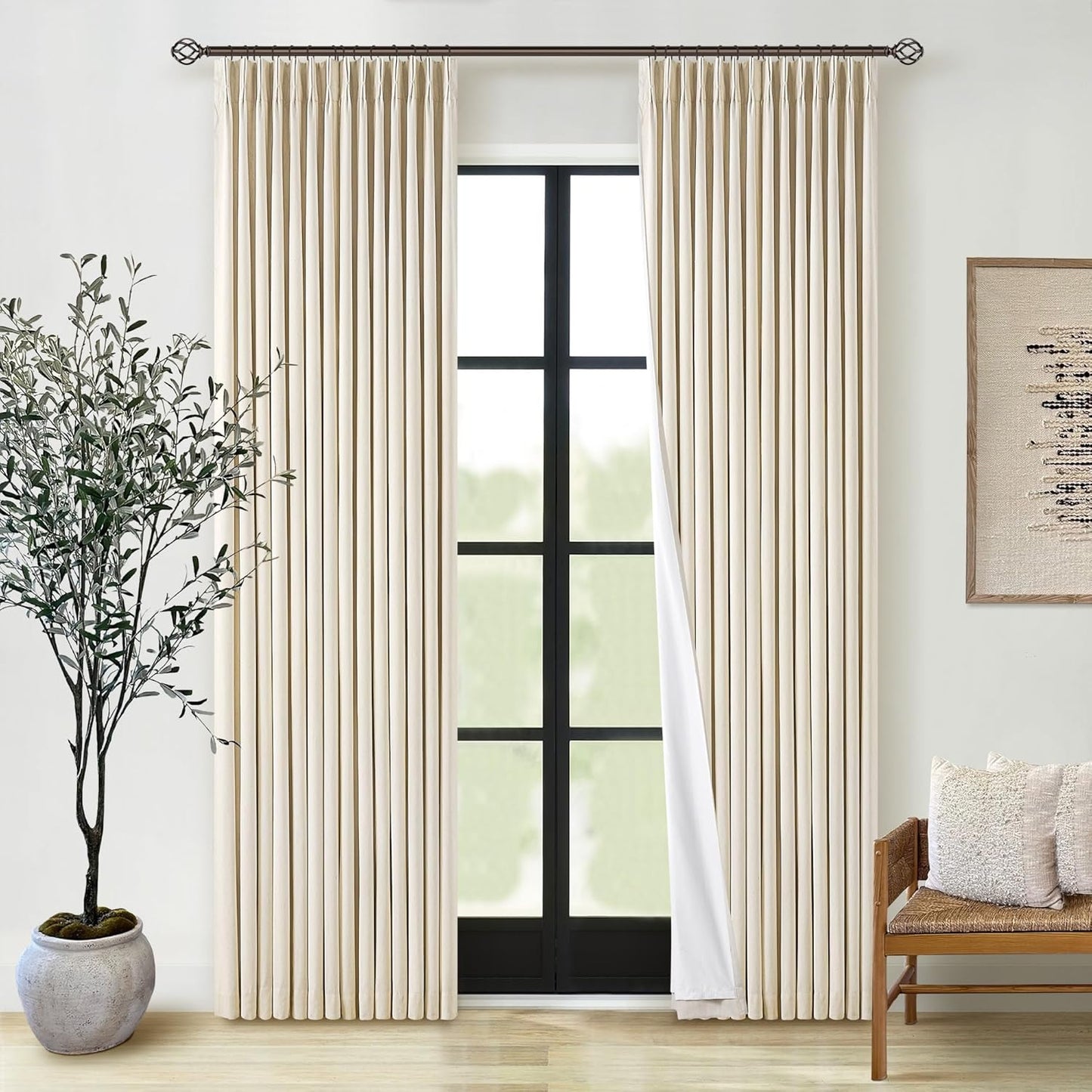 Beige Blackout Cafe Curtains 45 Inch Length 2 Panel Set Pinch Pleated Back Tab Linen Blend Black Out Short Curtains Boho Farmhouse Thermal Insulated Small Window Drapes for Bathroom Kitchen RV
