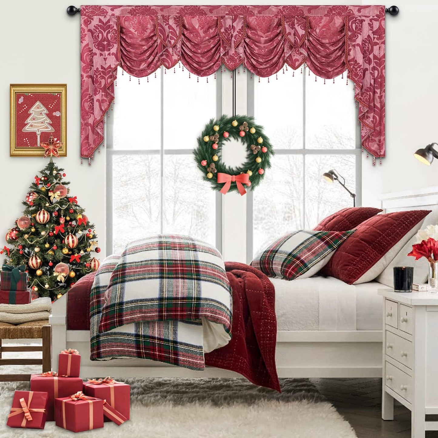 NAPEARL Jabot Curtains Valances and Swags-European Style Kitchen Window Valance, Luxury Jacquard Waterfall Valance Curtains for Living Room (1 Black Valance, 81-Inch Wide)