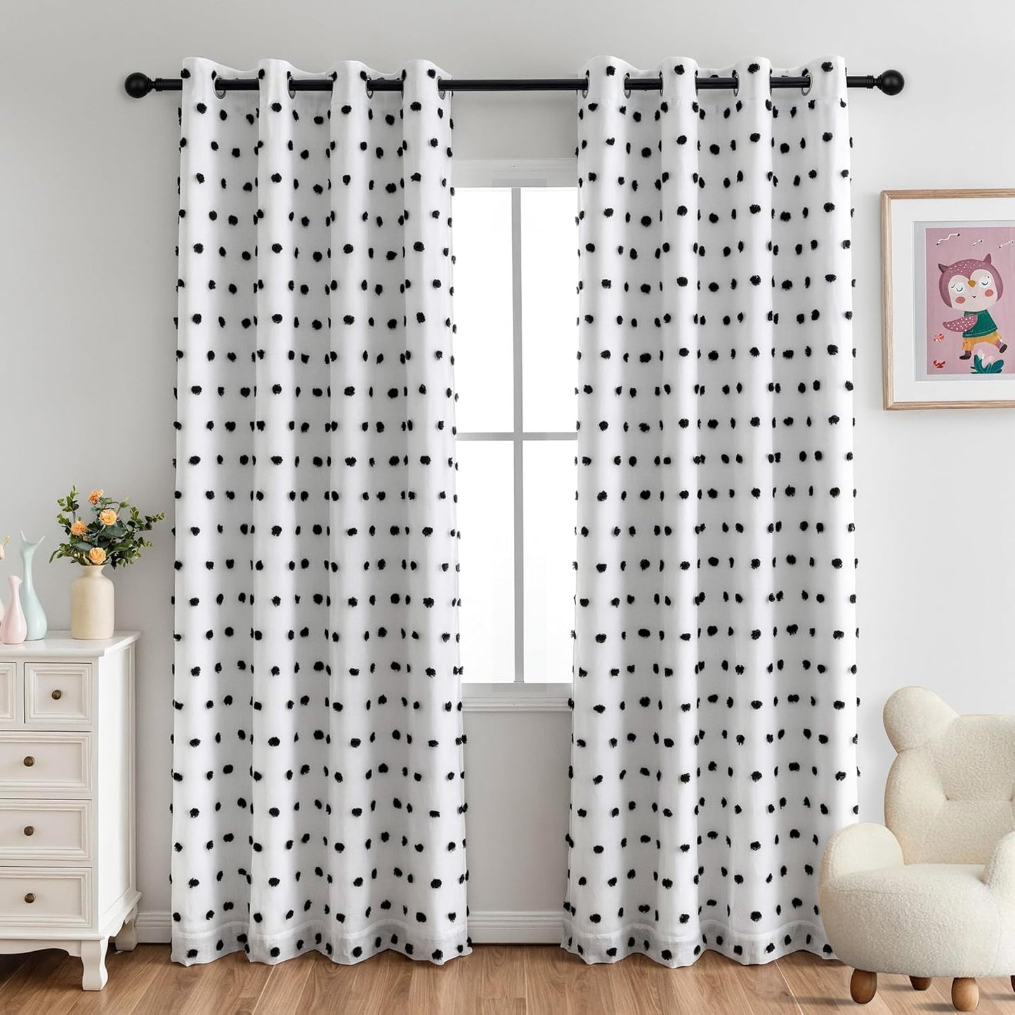 MYSKY HOME 100% Blackout Curtains for Nursery Thermal Insulated Pink Pom Pom Curtains 72 Inch Length for Girls Bedroom 2 Panels Grommet White Sheer Curtains for Kitchen Dining Room Door, 52W x 72L