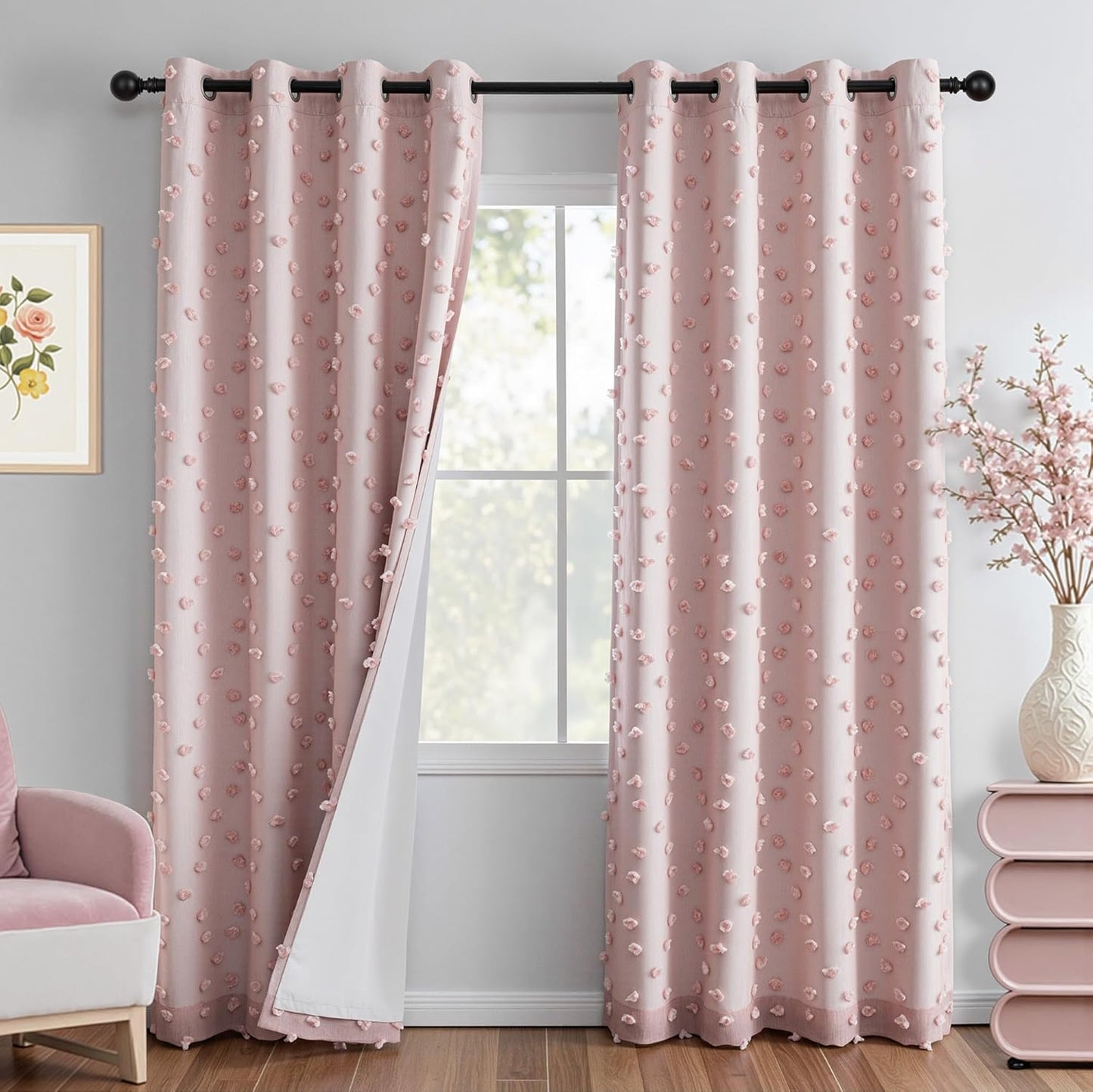 MYSKY HOME 100% Blackout Curtains for Nursery Thermal Insulated Pink Pom Pom Curtains 72 Inch Length for Girls Bedroom 2 Panels Grommet White Sheer Curtains for Kitchen Dining Room Door, 52W x 72L