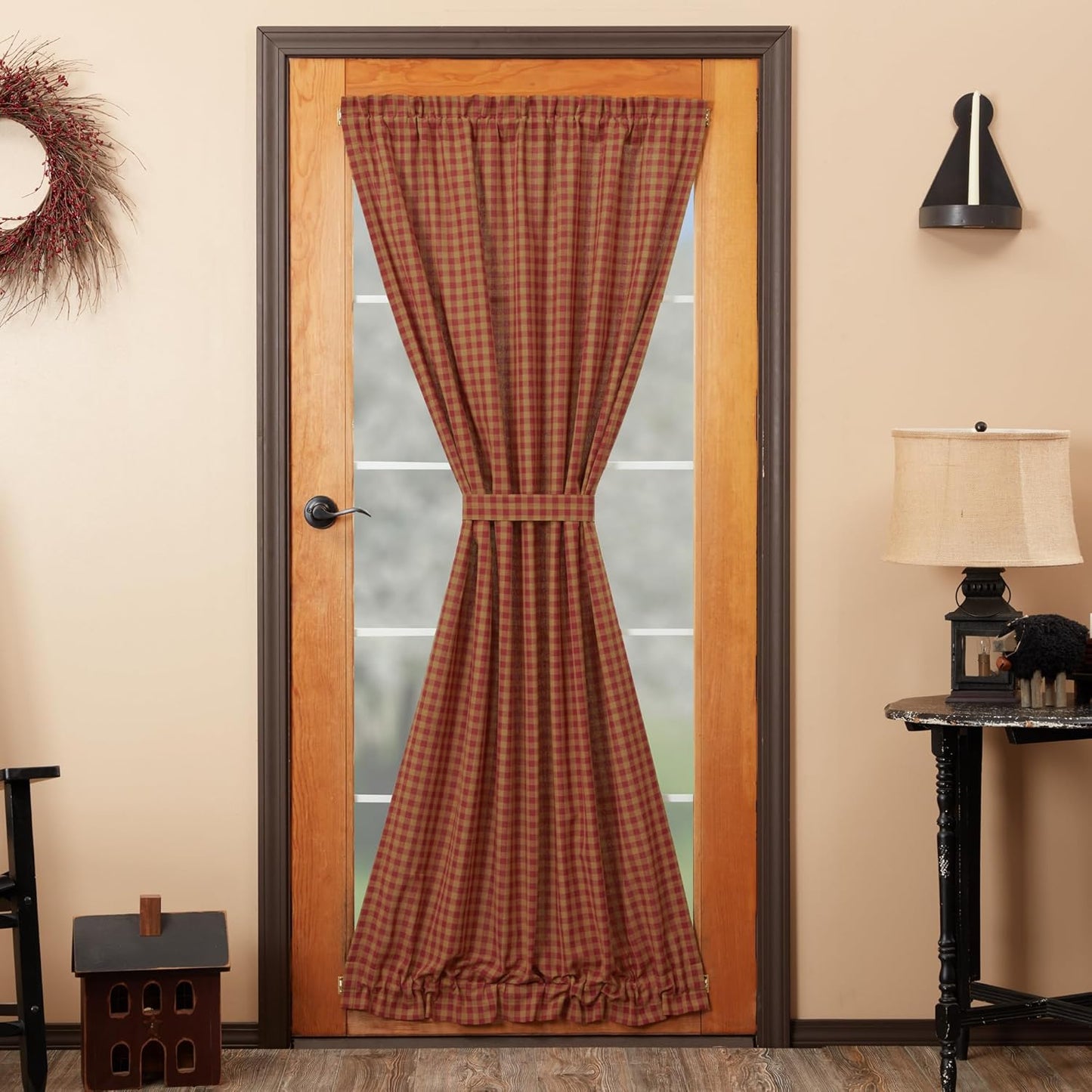 VHC Brands Black Check Scalloped Short Panel Set of 2 63x36 Country Curtains, Black and Tan