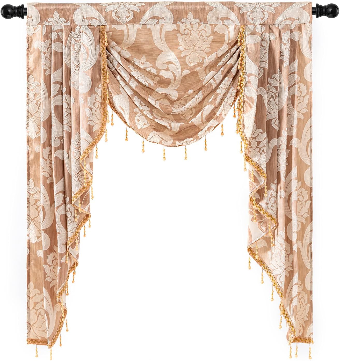 NAPEARL Jabot Curtains Valances and Swags-European Style Kitchen Window Valance, Luxury Jacquard Waterfall Valance Curtains for Living Room (1 Black Valance, 81-Inch Wide)