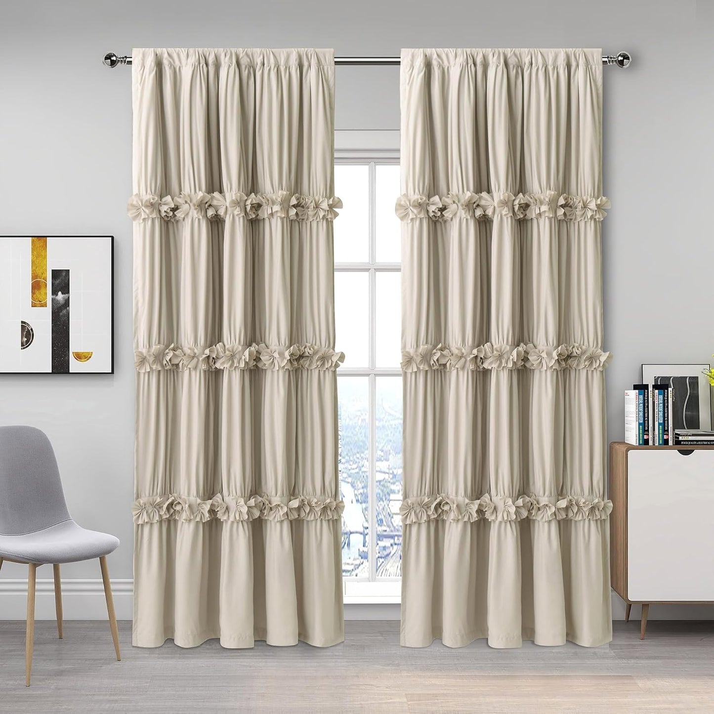Thermal Insulated Blackout Window Curtains, 54" W x 84" L x 2 Panels, Boho Ruched Window Treatments with 3 Rows of Butterfly Flowers, Rustic Rod Pocket Drapes, Peach Pink (LQ-30)