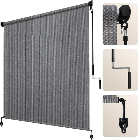 Artpuch Outdoor Roller Shade 8' W x 8' H, Gray Exterior Cordless Patio Shades Roll Up Blinds with Splicing Design, 2 Poles and 1 Piece Fabric