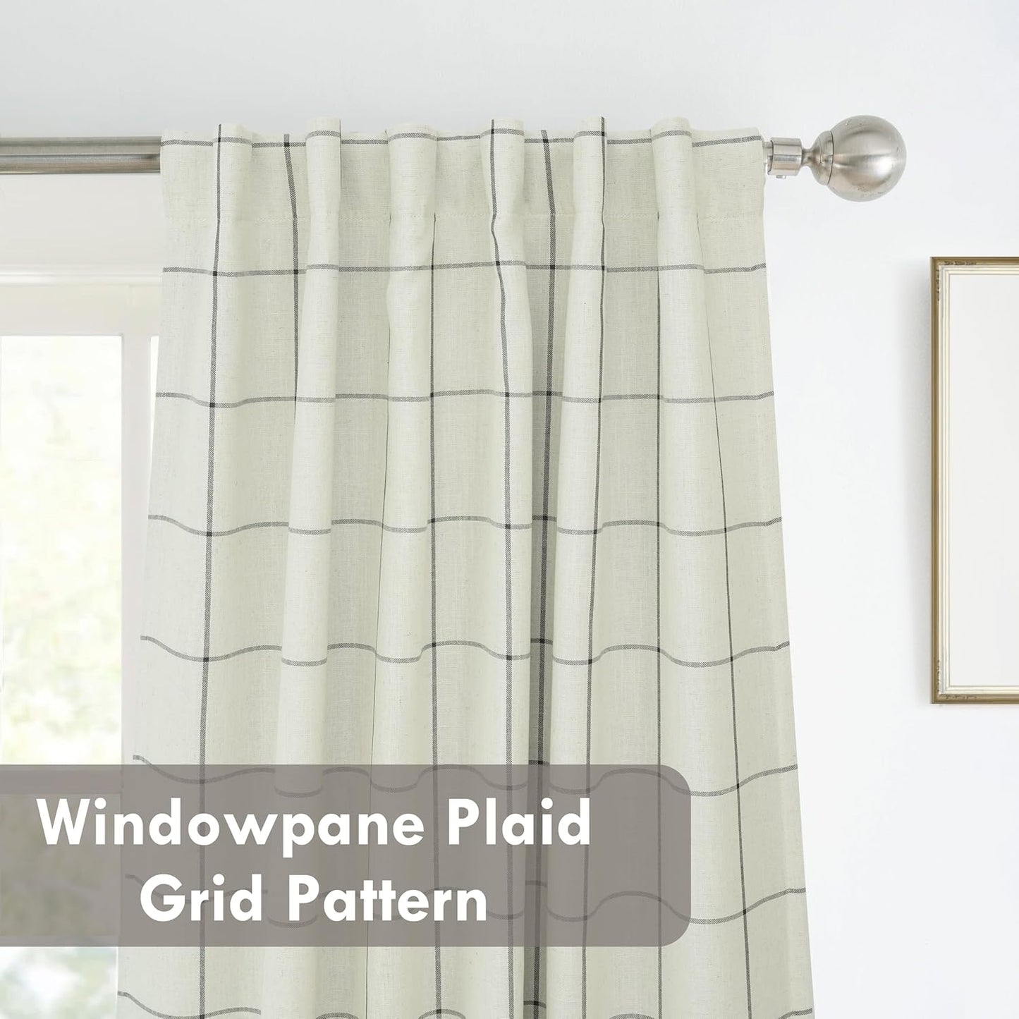 DriftAway 2 Panels 100% Blackout Windowpane Plaid Linen Curtains Double Layer Drapes for Bedroom 90 Inches Long Farmhouse Thermal Insulated 3.25 Inch Rod Pocket Back Tab for Living Room Black