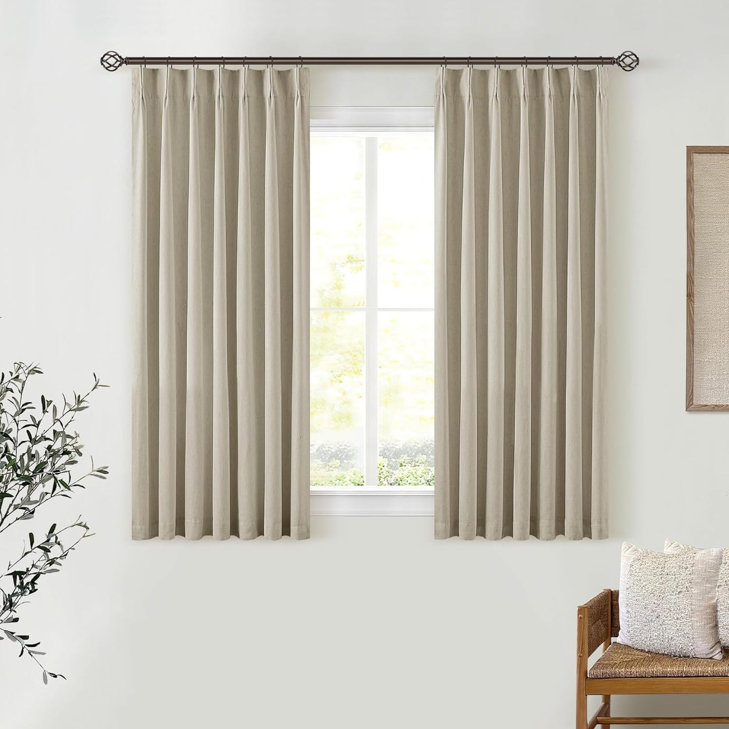 Beige Blackout Cafe Curtains 45 Inch Length 2 Panel Set Pinch Pleated Back Tab Linen Blend Black Out Short Curtains Boho Farmhouse Thermal Insulated Small Window Drapes for Bathroom Kitchen RV