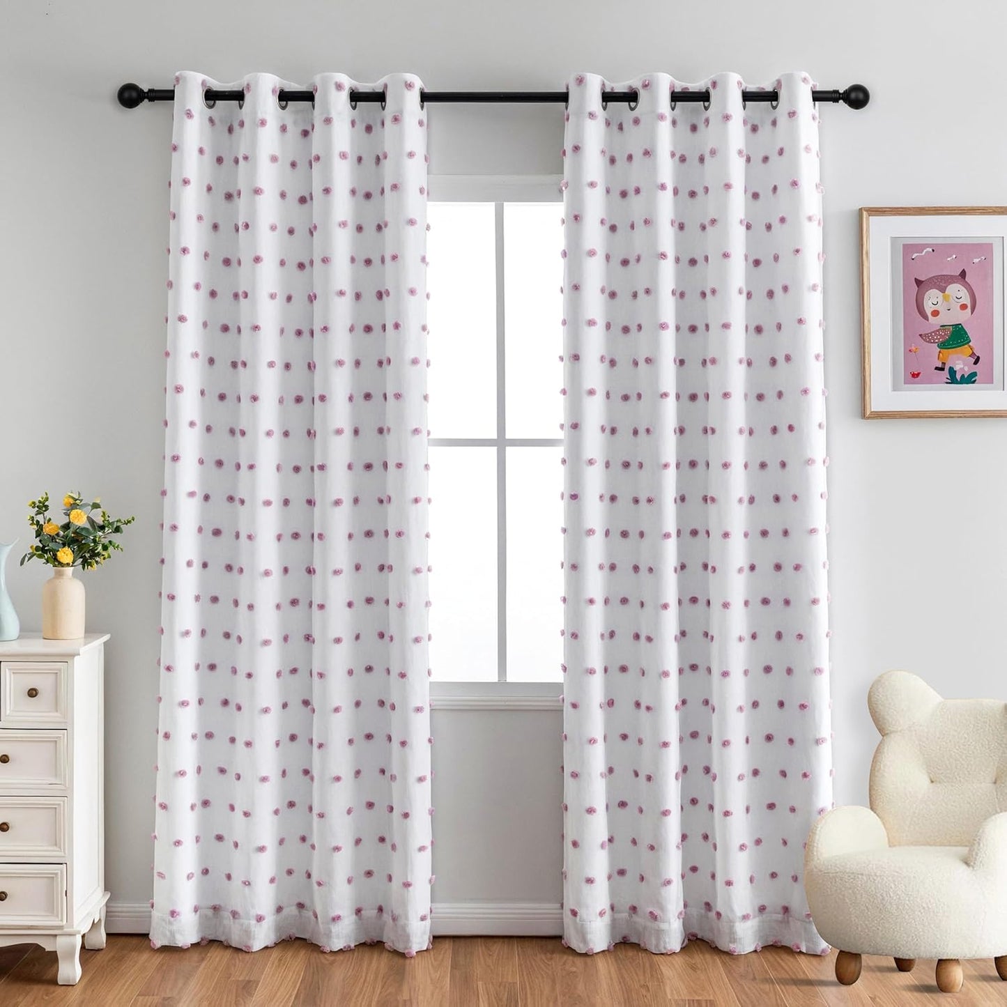 MYSKY HOME 100% Blackout Curtains for Nursery Thermal Insulated Pink Pom Pom Curtains 72 Inch Length for Girls Bedroom 2 Panels Grommet White Sheer Curtains for Kitchen Dining Room Door, 52W x 72L