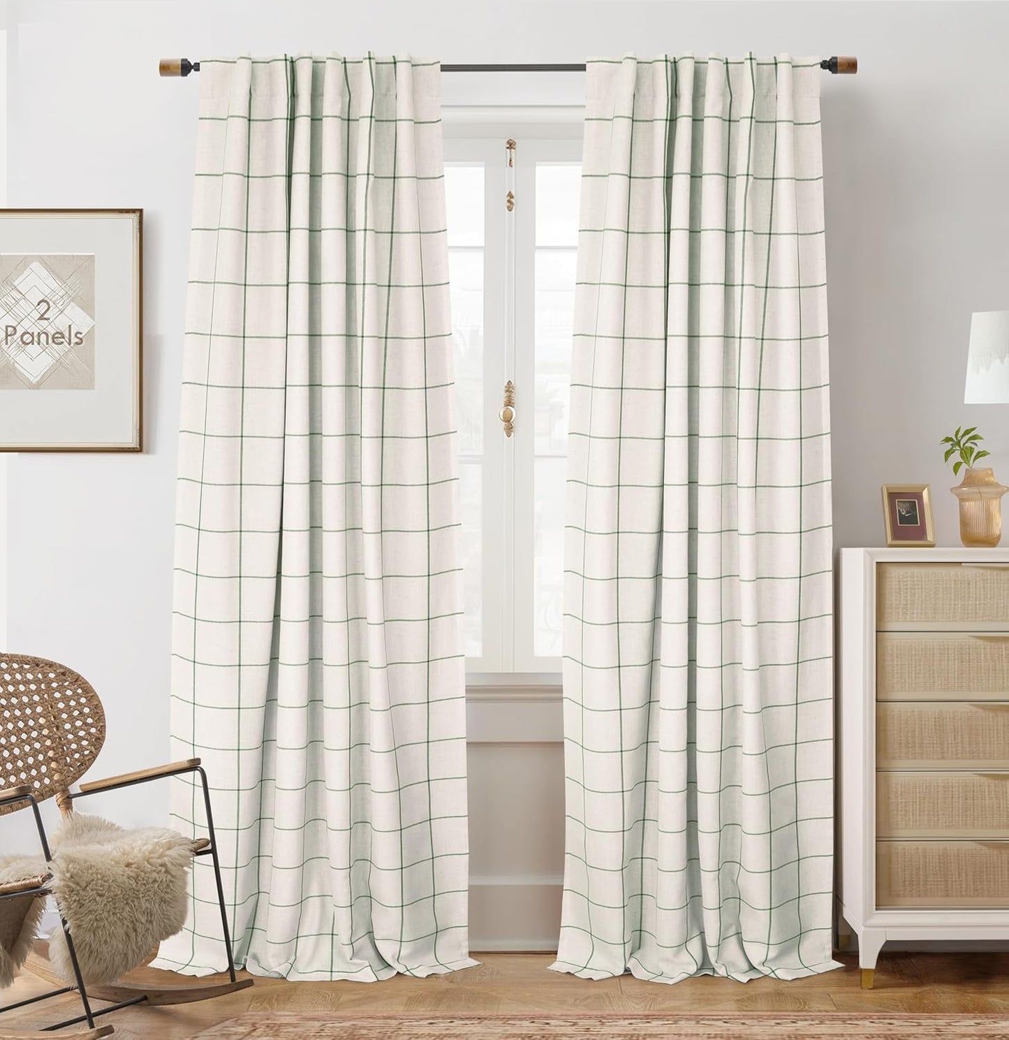 DriftAway 2 Panels 100% Blackout Windowpane Plaid Linen Curtains Double Layer Drapes for Bedroom 90 Inches Long Farmhouse Thermal Insulated 3.25 Inch Rod Pocket Back Tab for Living Room Black