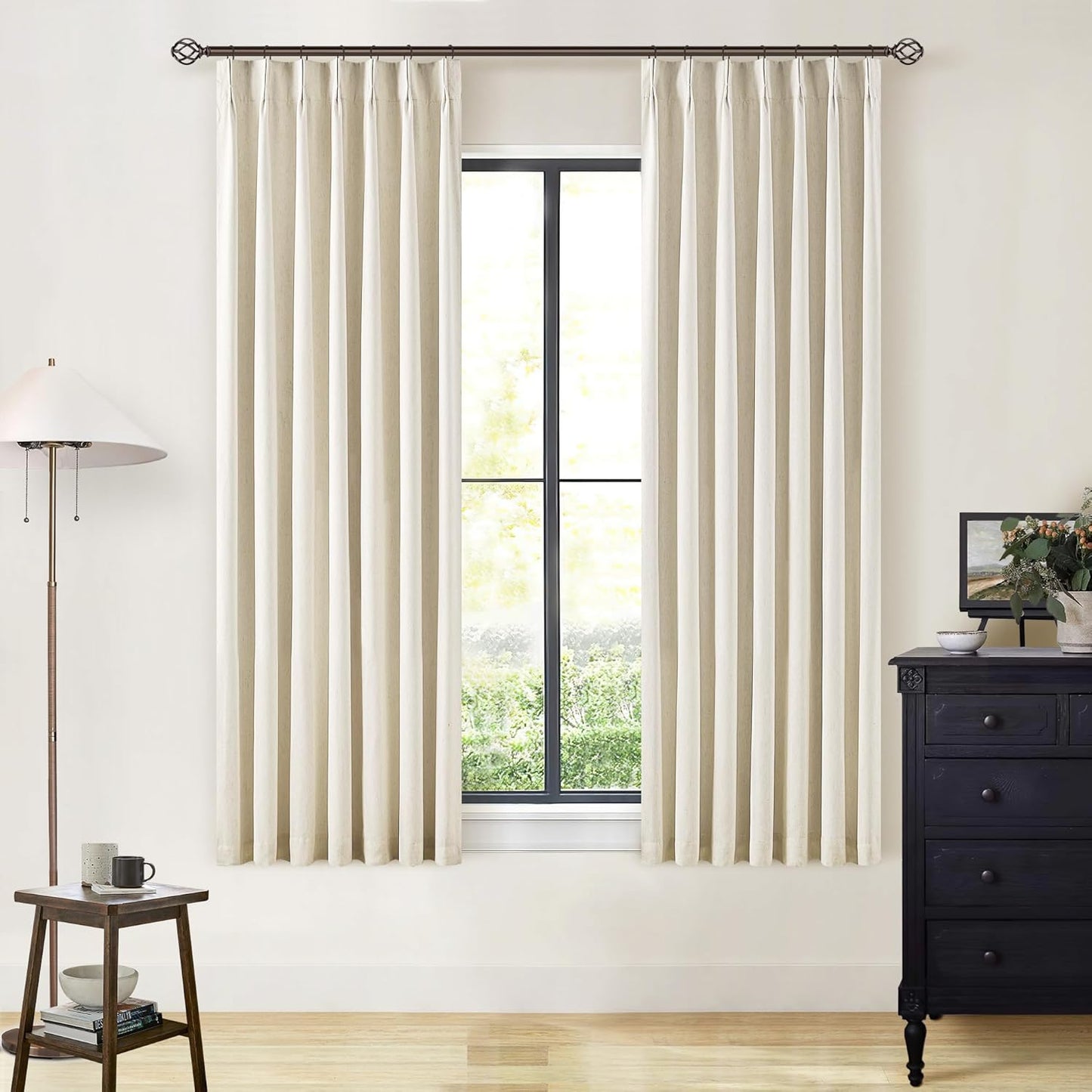 Beige Blackout Cafe Curtains 45 Inch Length 2 Panel Set Pinch Pleated Back Tab Linen Blend Black Out Short Curtains Boho Farmhouse Thermal Insulated Small Window Drapes for Bathroom Kitchen RV