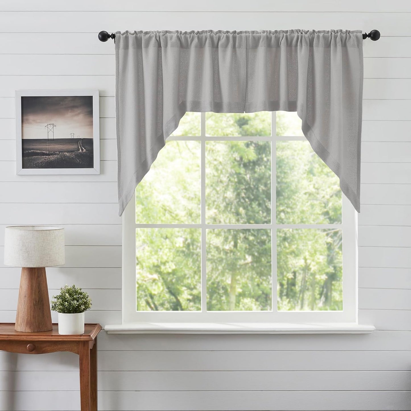 VHC Brands Black Check Scalloped Short Panel Set of 2 63x36 Country Curtains, Black and Tan