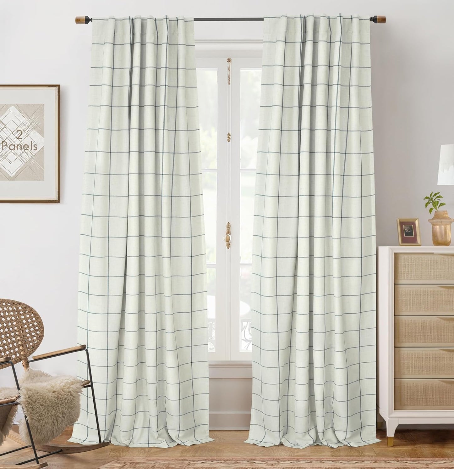 DriftAway 2 Panels 100% Blackout Windowpane Plaid Linen Curtains Double Layer Drapes for Bedroom 90 Inches Long Farmhouse Thermal Insulated 3.25 Inch Rod Pocket Back Tab for Living Room Black